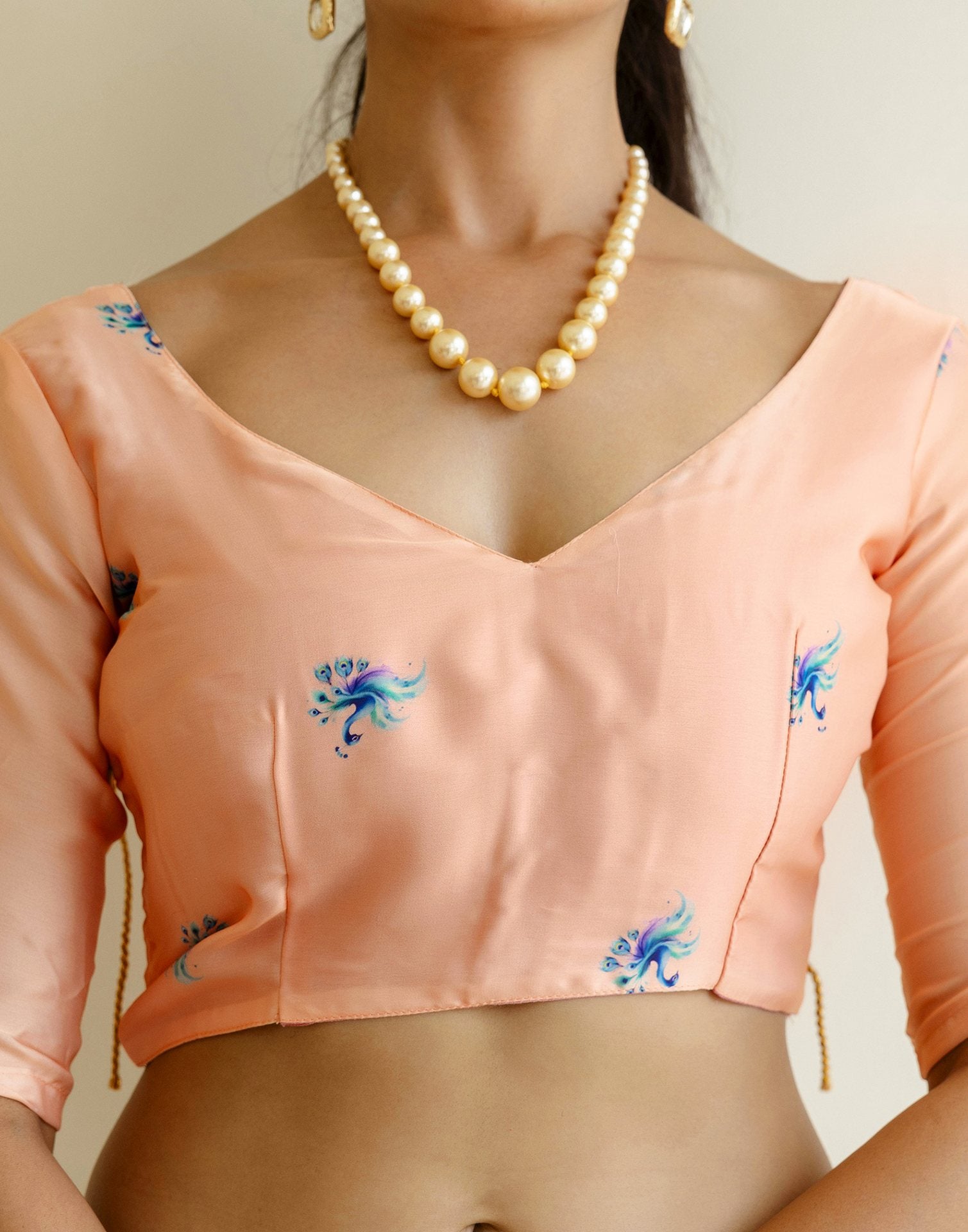 Handsfree Light Peach Satin Printed Saree