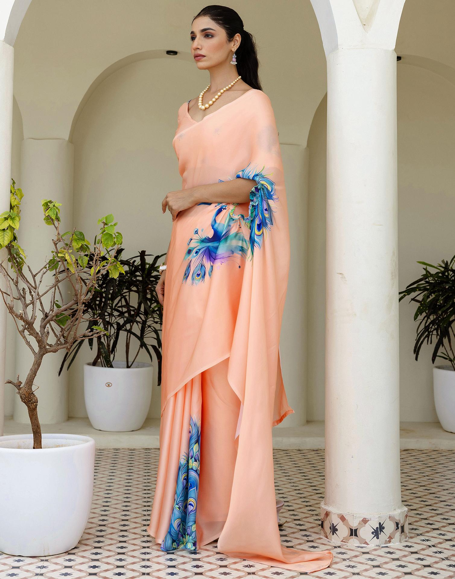 Handsfree Light Peach Satin Printed Saree