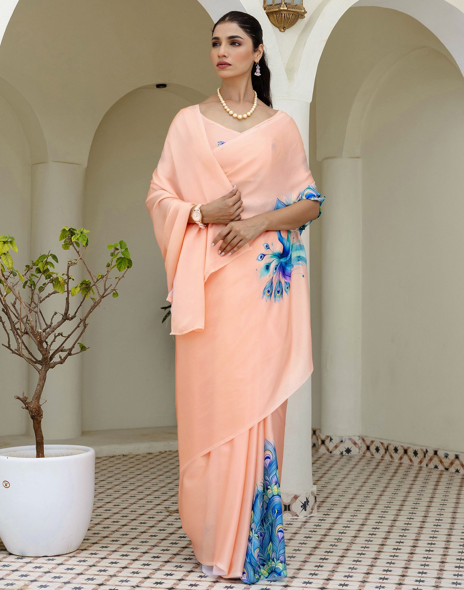 Handsfree Light Peach Satin Printed Saree