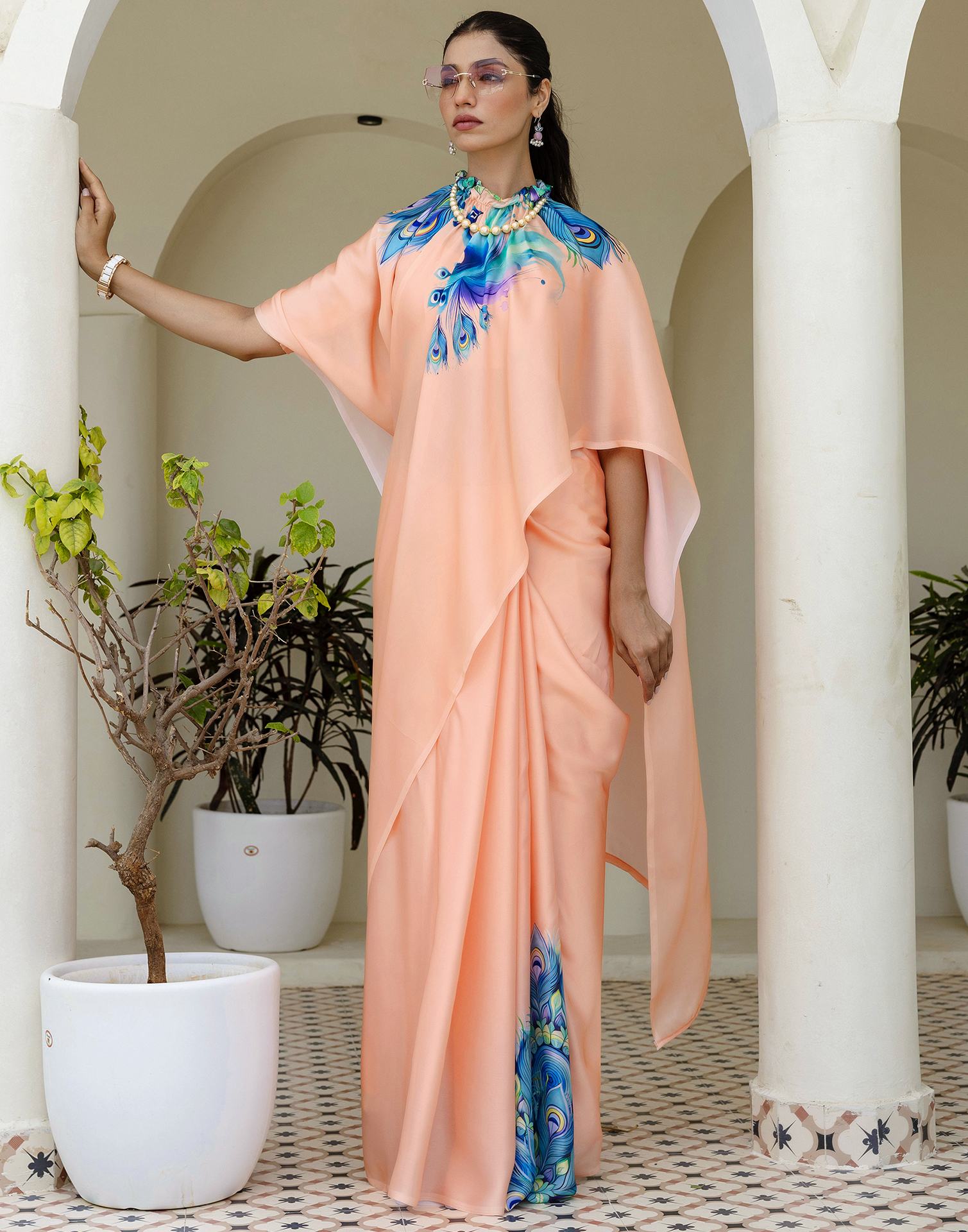 Handsfree Light Peach Satin Printed Saree