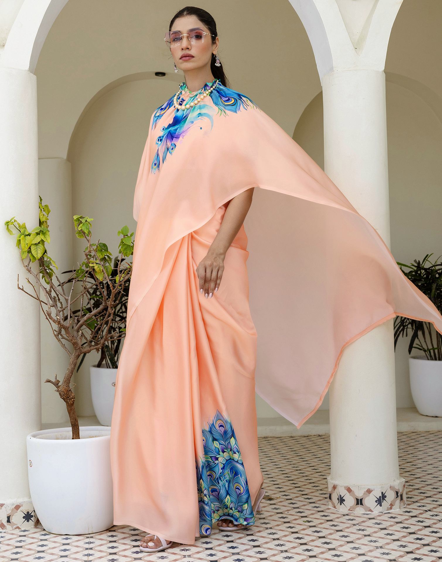 Handsfree Light Peach Satin Printed Saree