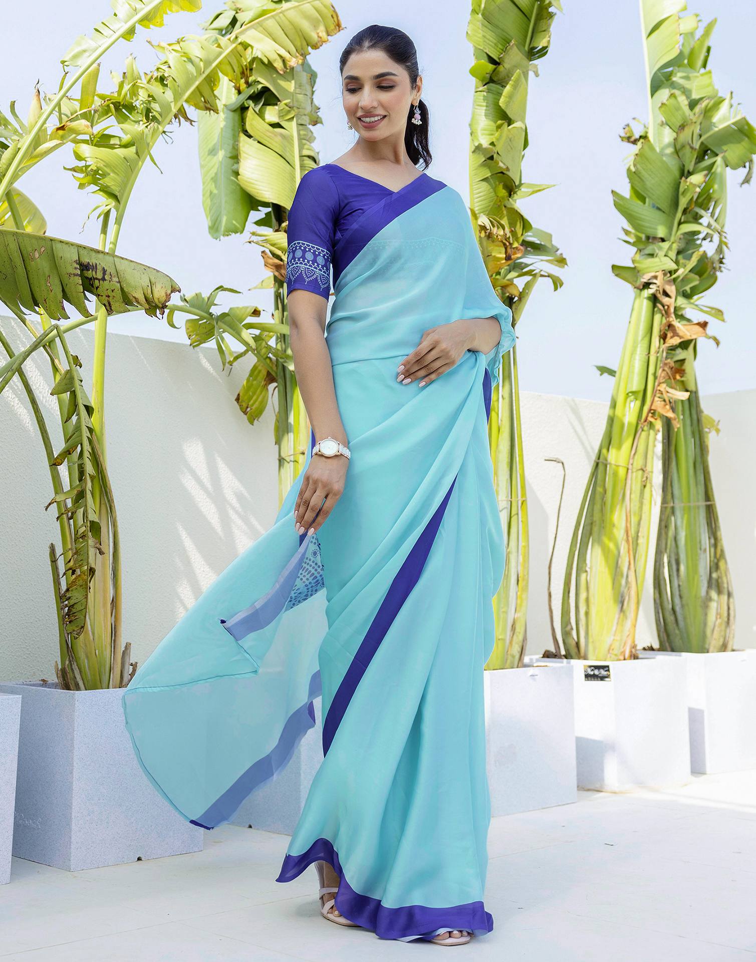 Handsfree Light Blue Satin Printed Saree