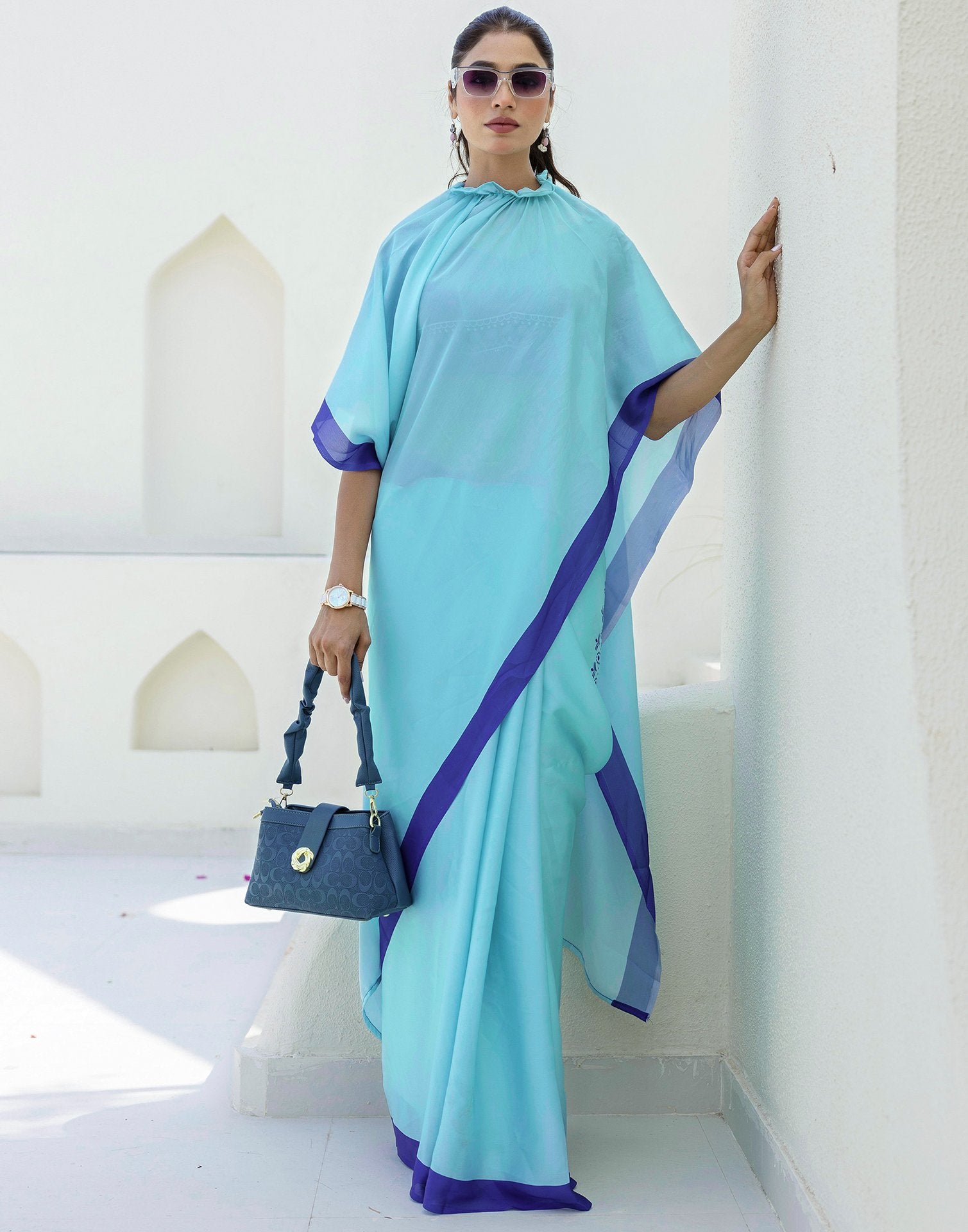 Handsfree Light Blue Satin Printed Saree
