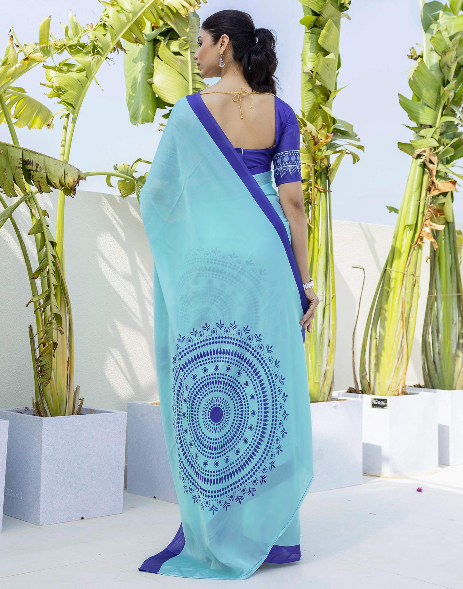 Handsfree Light Blue Satin Printed Saree