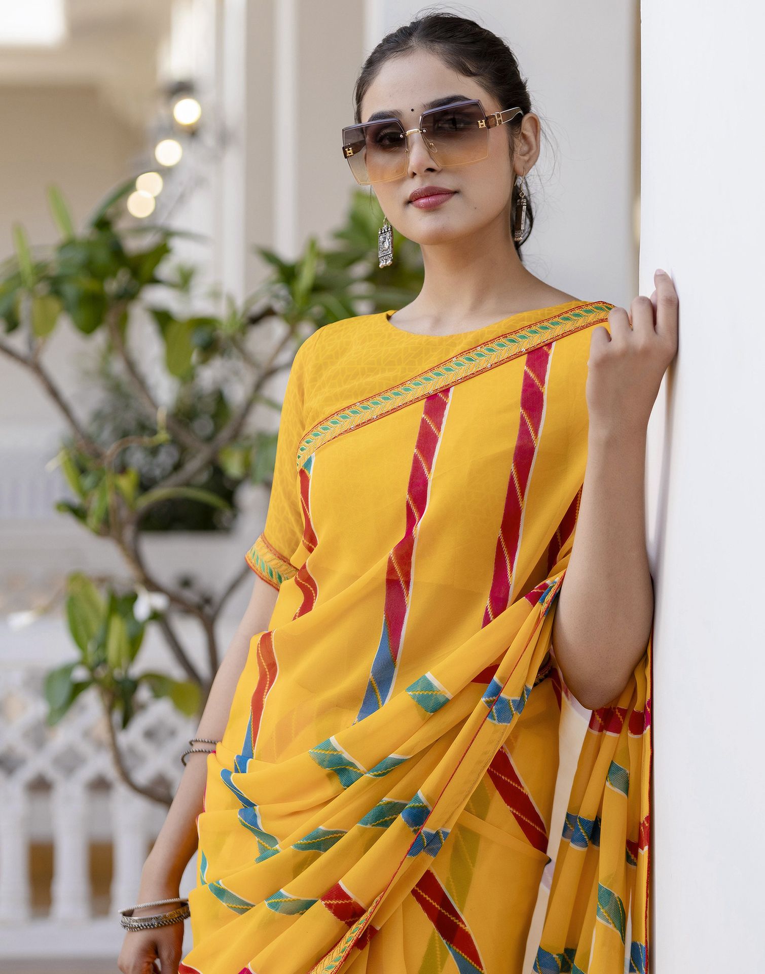 Yellow Georgette printed Saree