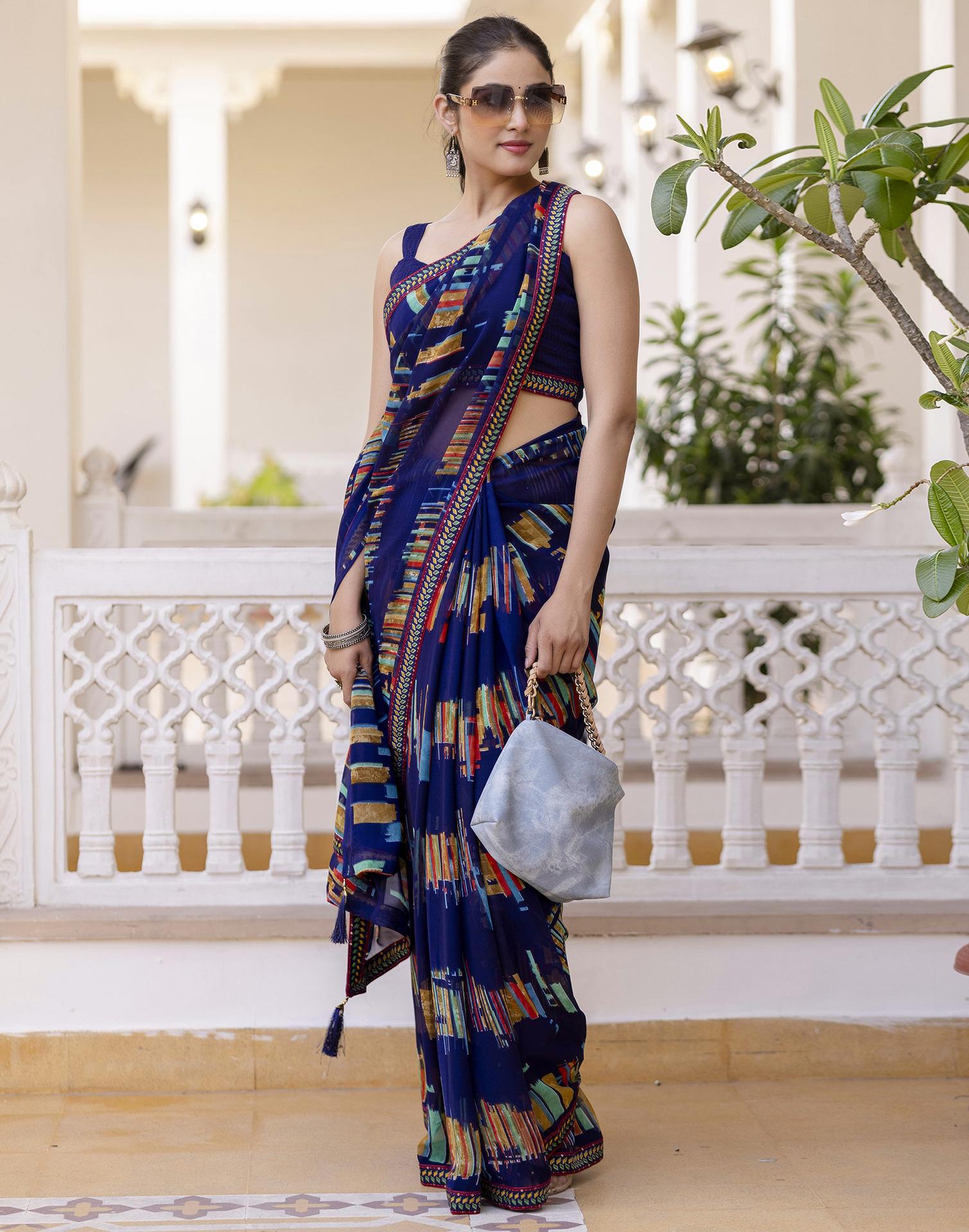 Navy Blue Georgette printed Saree