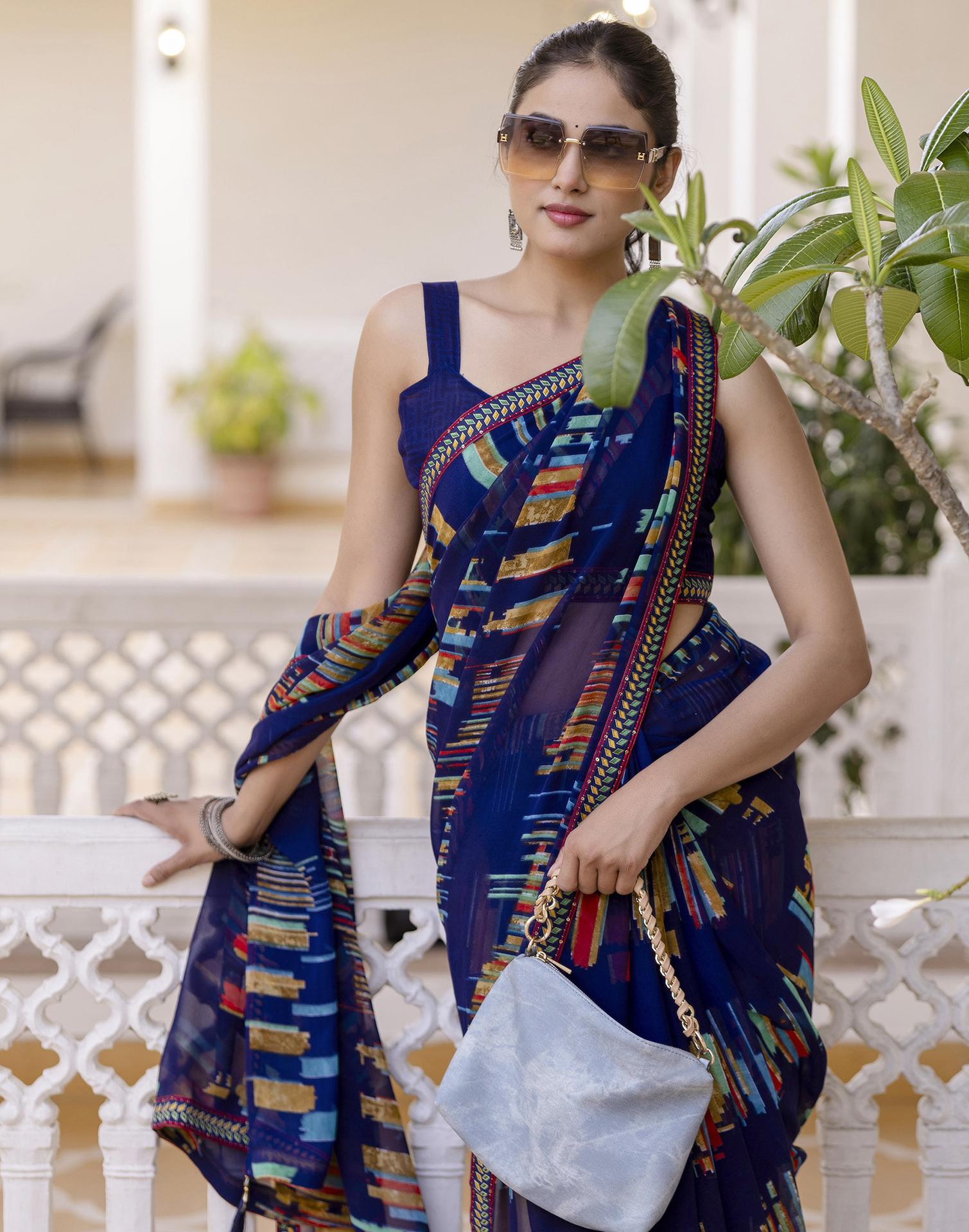 Navy Blue Georgette printed Saree