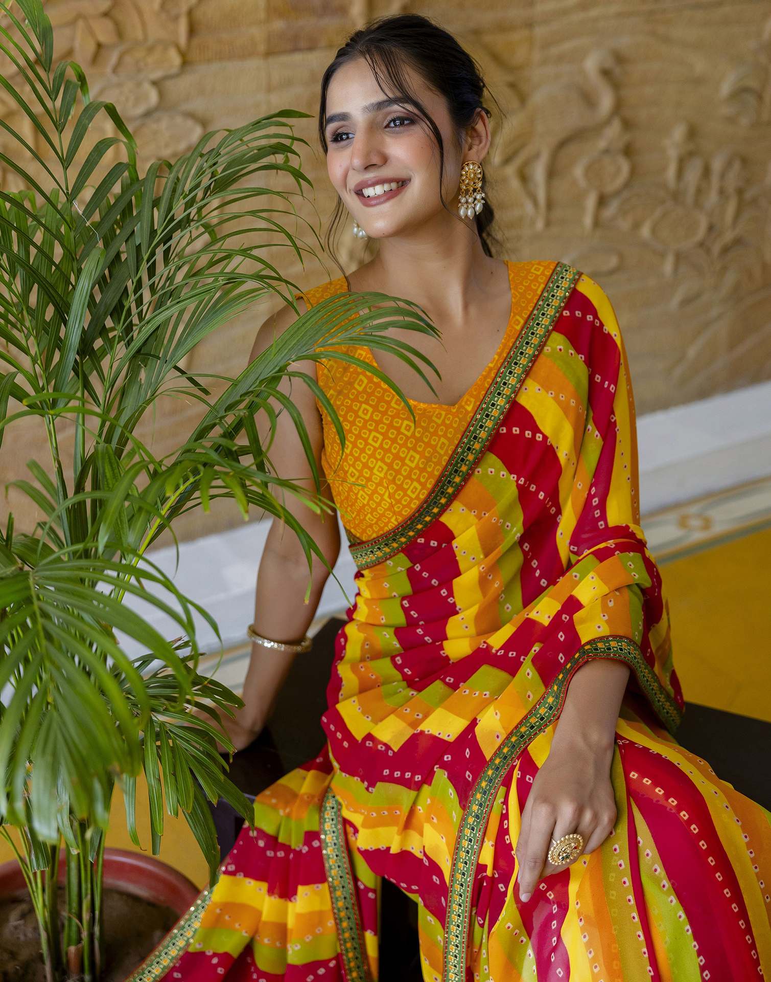 Yellow Georgette printed Saree