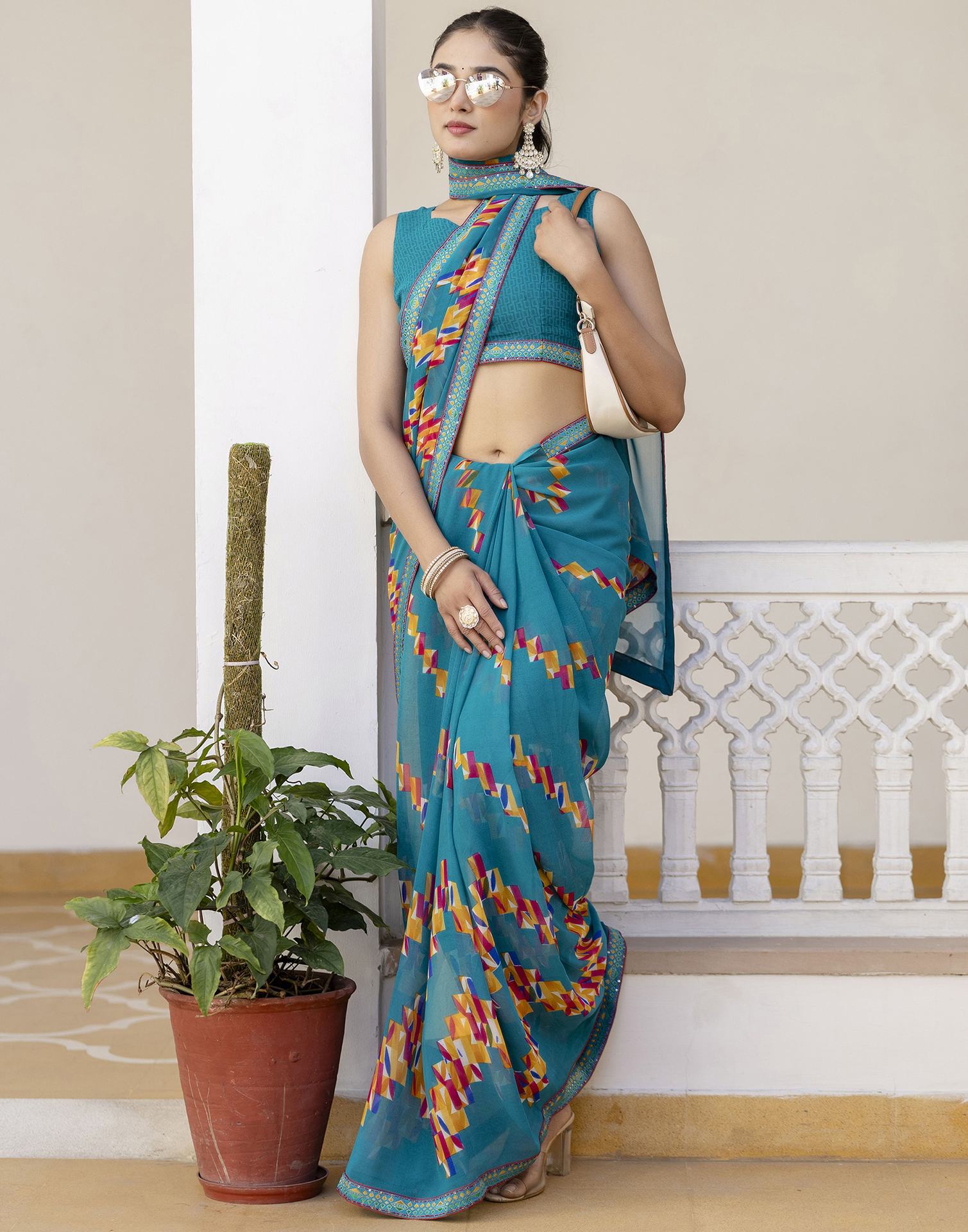 Teal Green Georgette printed Saree