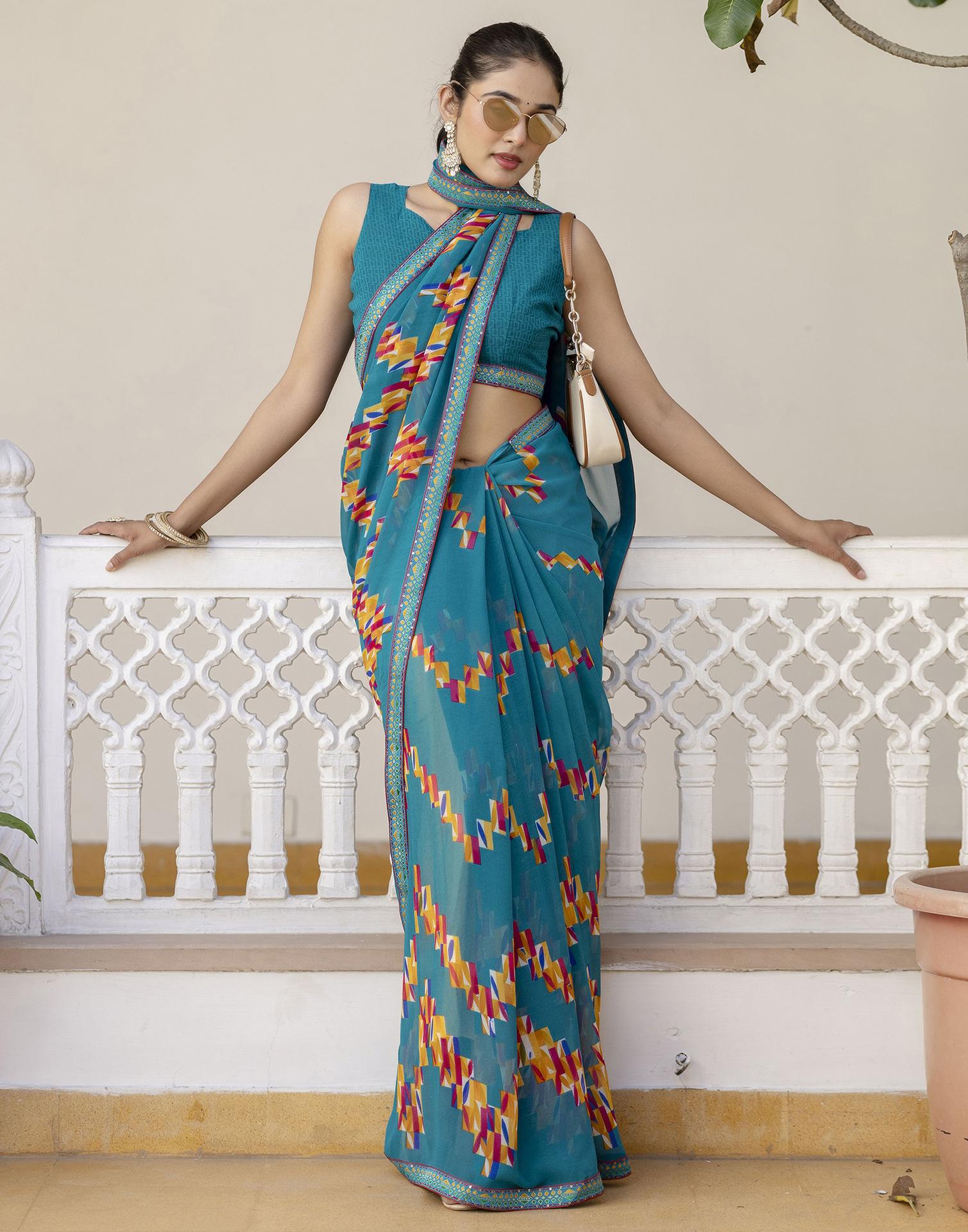 Teal Green Georgette printed Saree