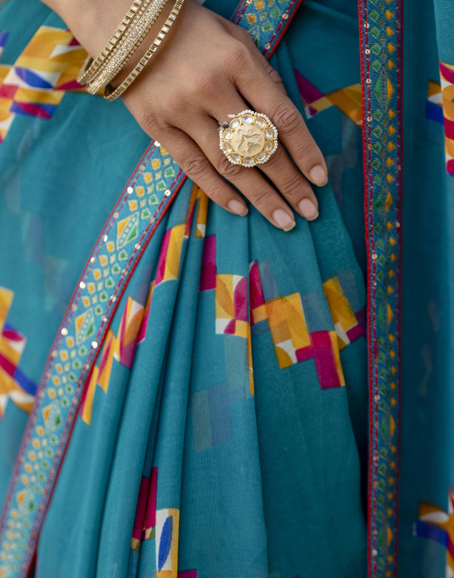 Teal Green Georgette printed Saree