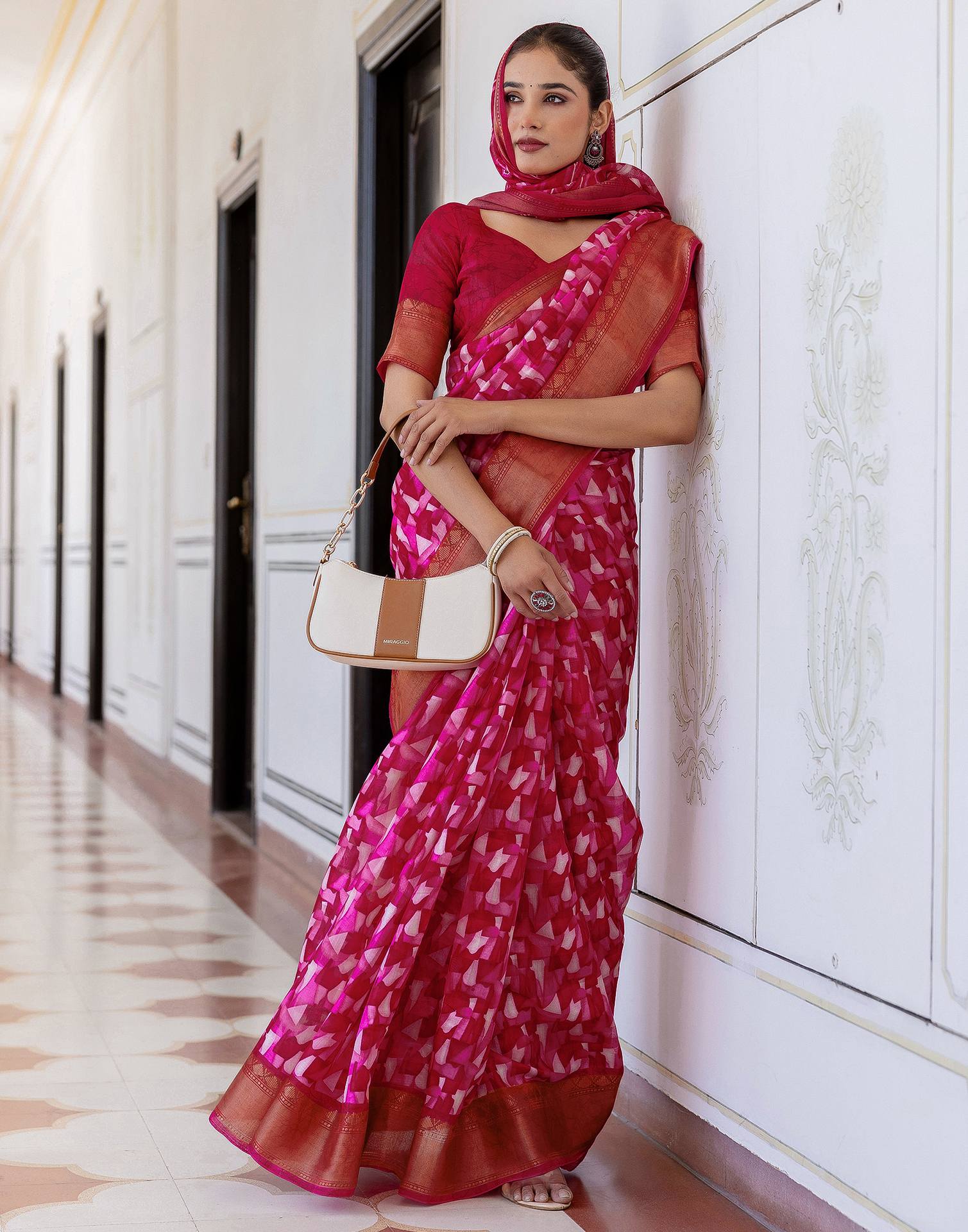 Rani Pink Cotton Blend Printed Saree