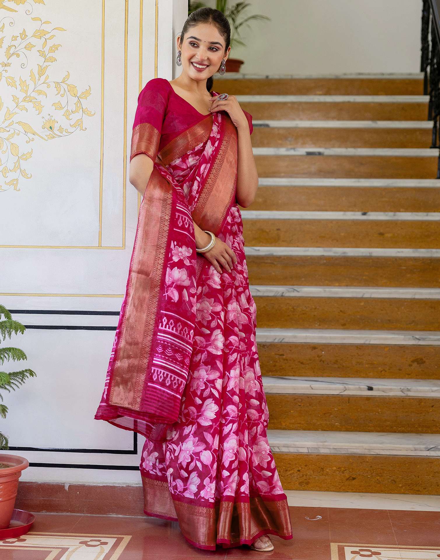 Rani Pink Cotton Blend Floral Printed Saree