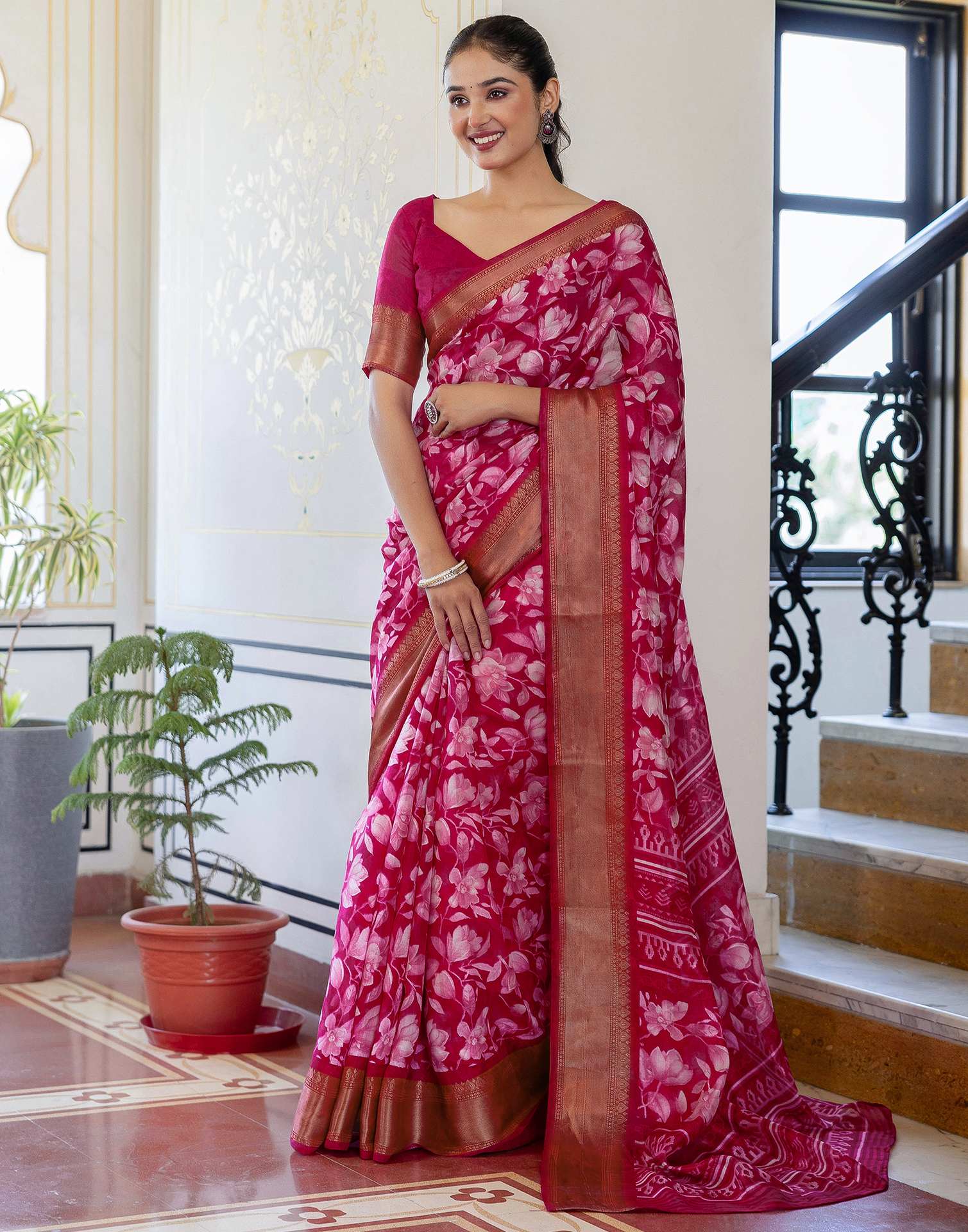 Rani Pink Cotton Blend Floral Printed Saree