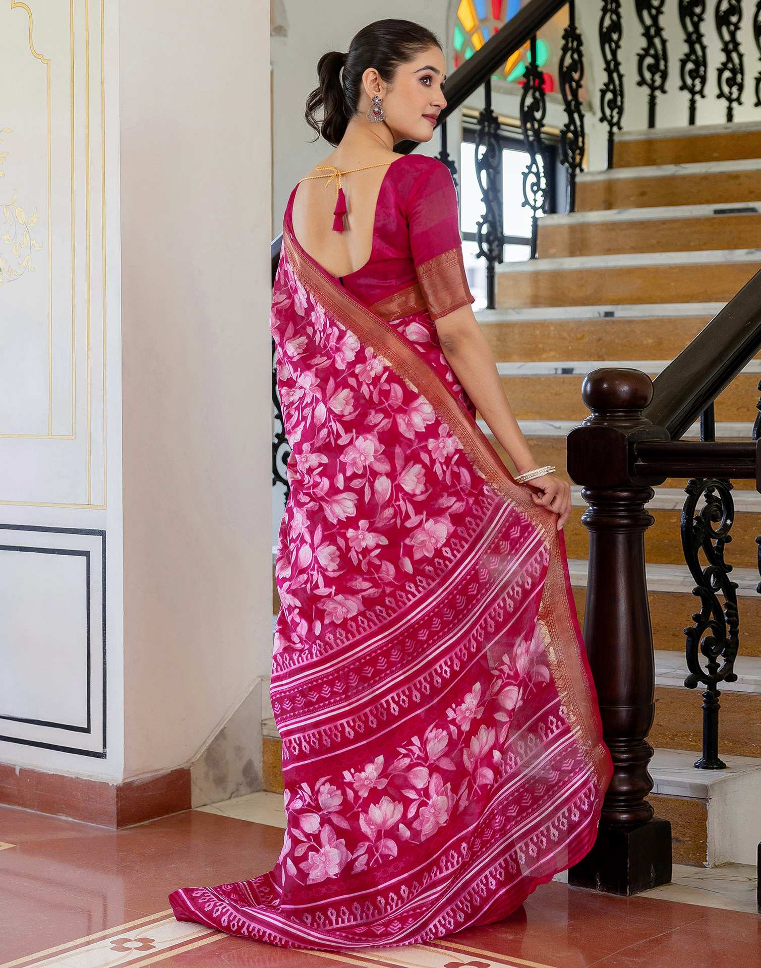 Rani Pink Cotton Blend Floral Printed Saree