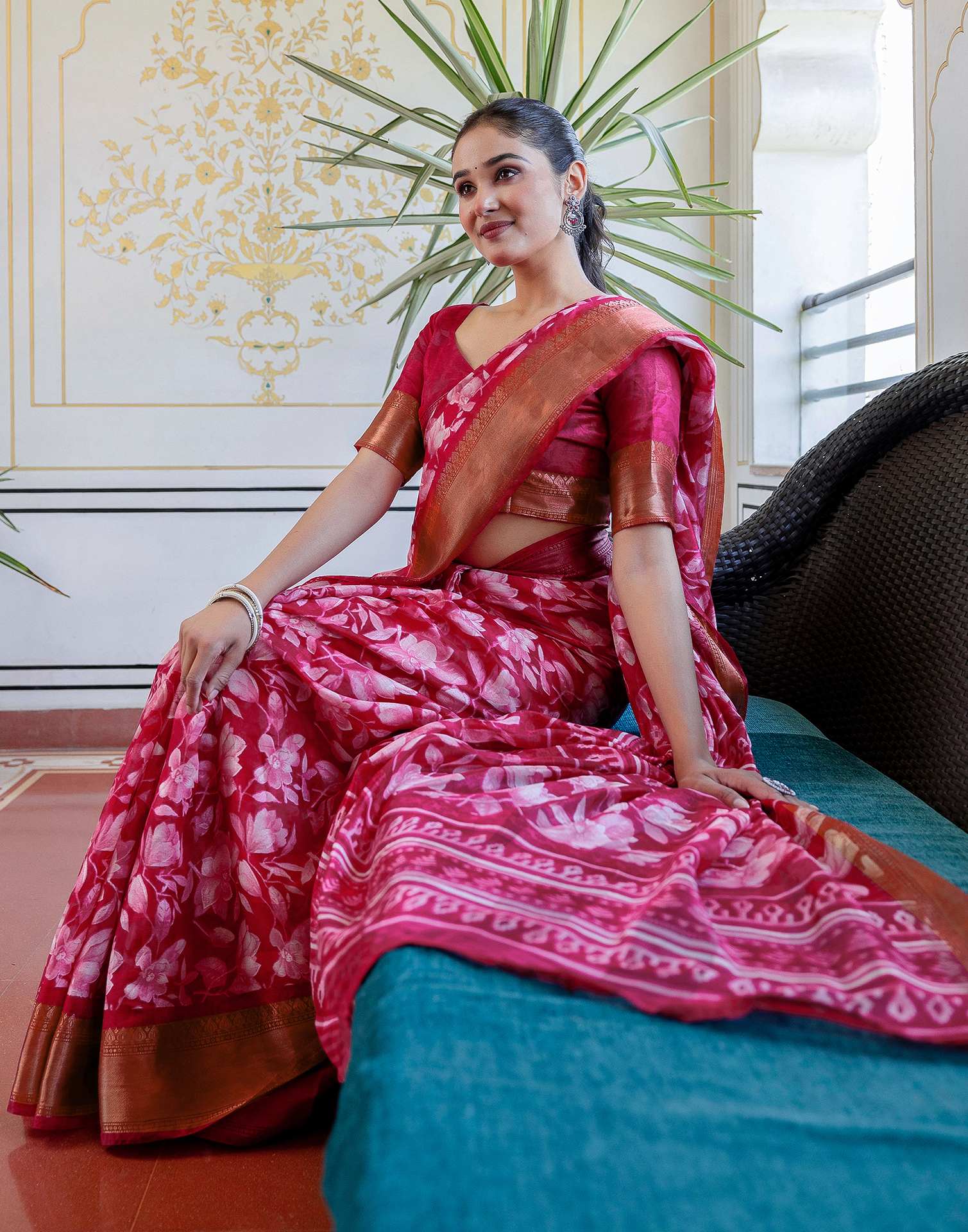 Rani Pink Cotton Blend Floral Printed Saree