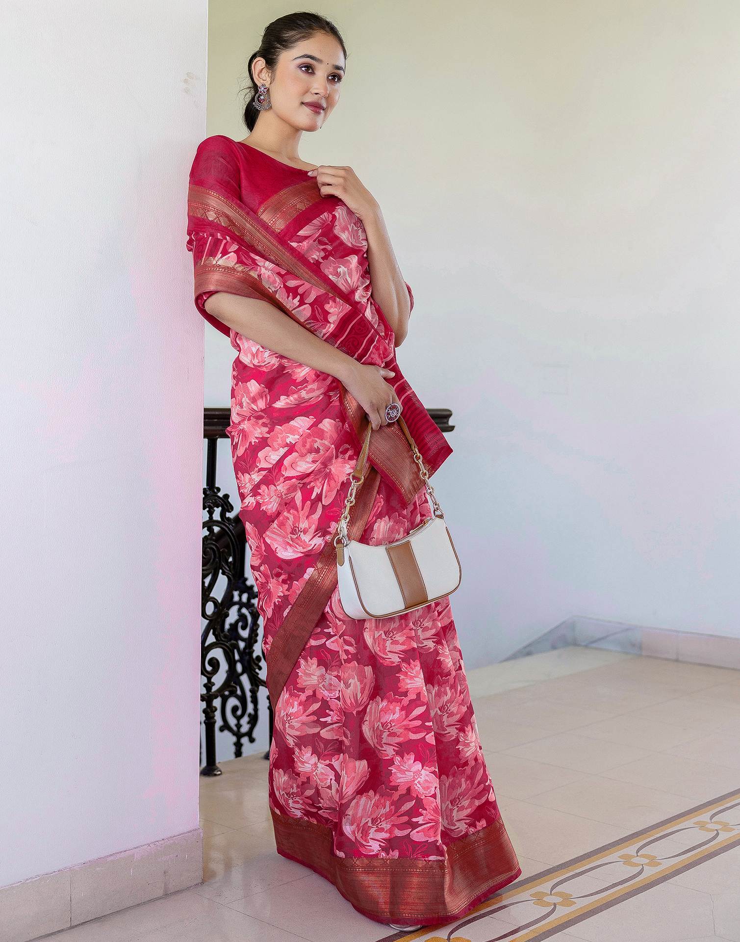 Rani Pink Cotton Blend Floral Printed Saree