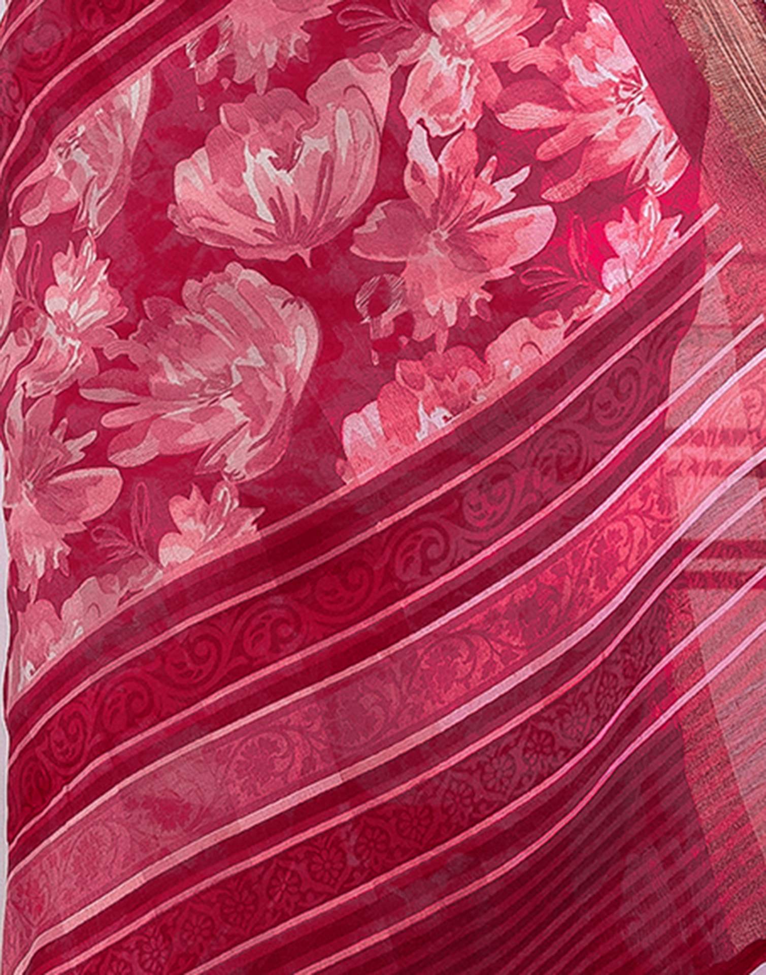 Rani Pink Cotton Blend Floral Printed Saree