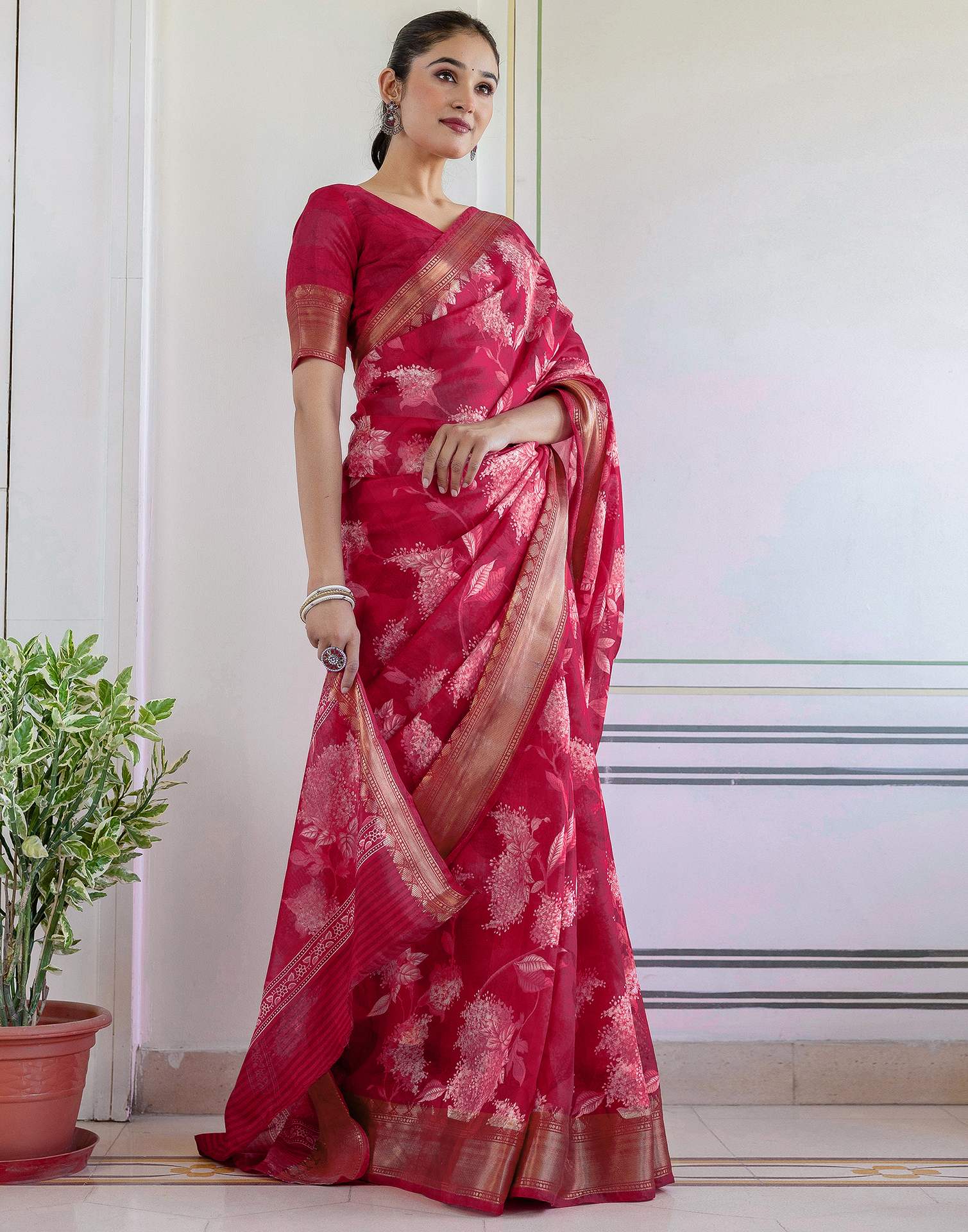 Rani Pink Cotton Blend Floral Printed Saree