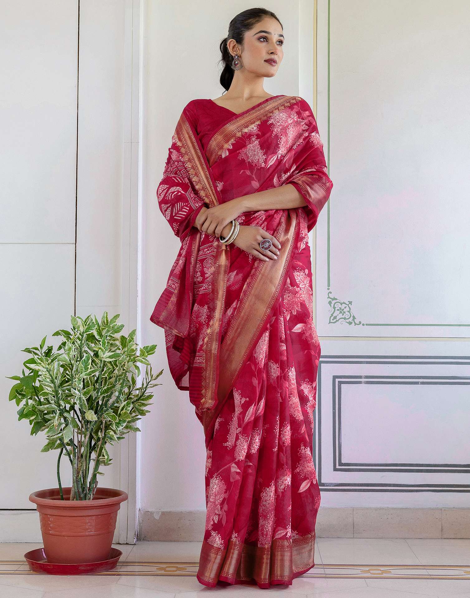 Rani Pink Cotton Blend Floral Printed Saree