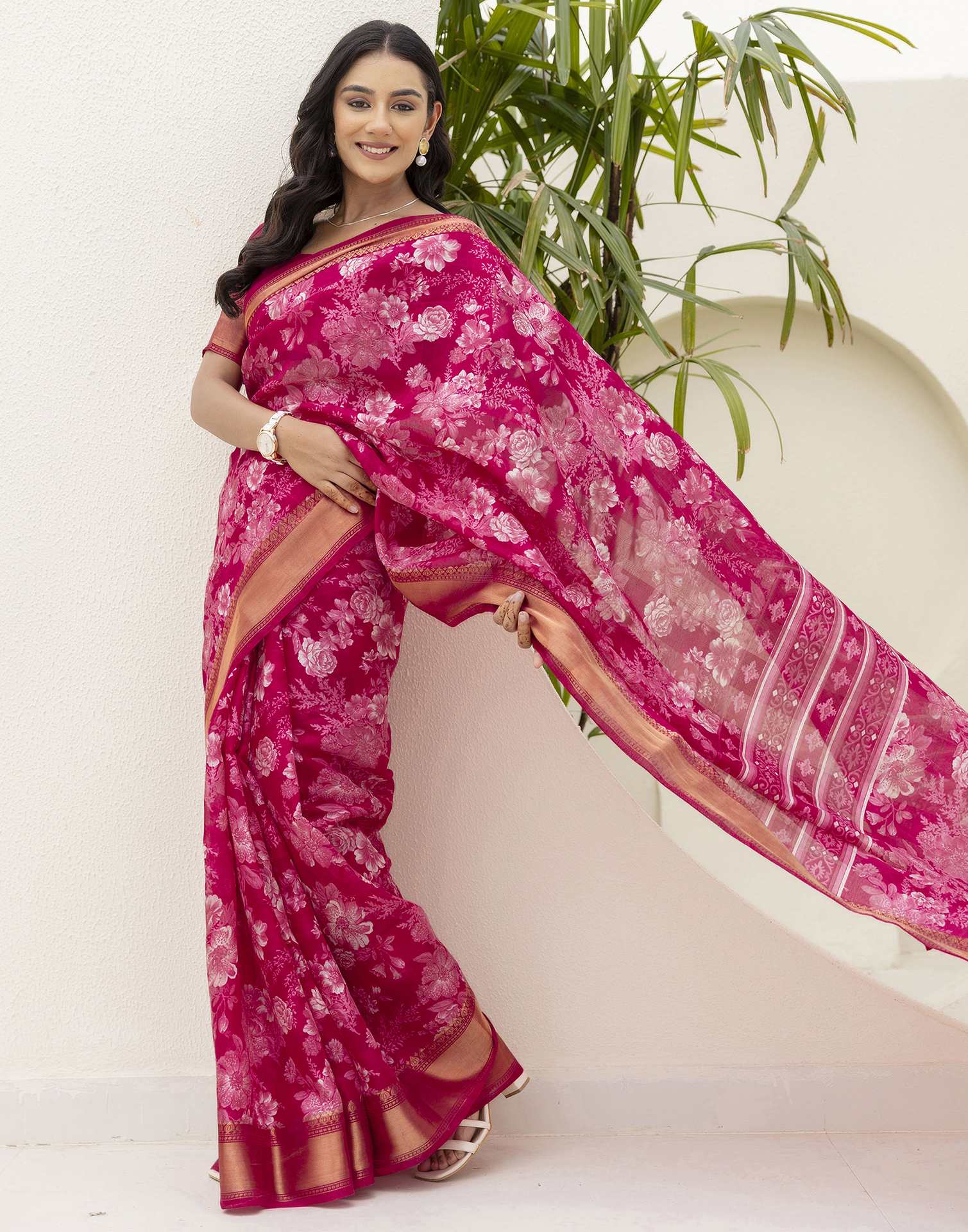 Rani Pink Cotton Blend Floral Printed Saree
