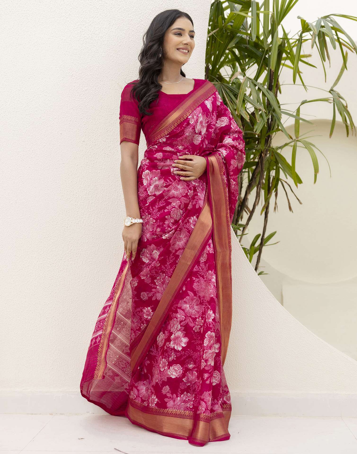 Rani Pink Cotton Blend Floral Printed Saree