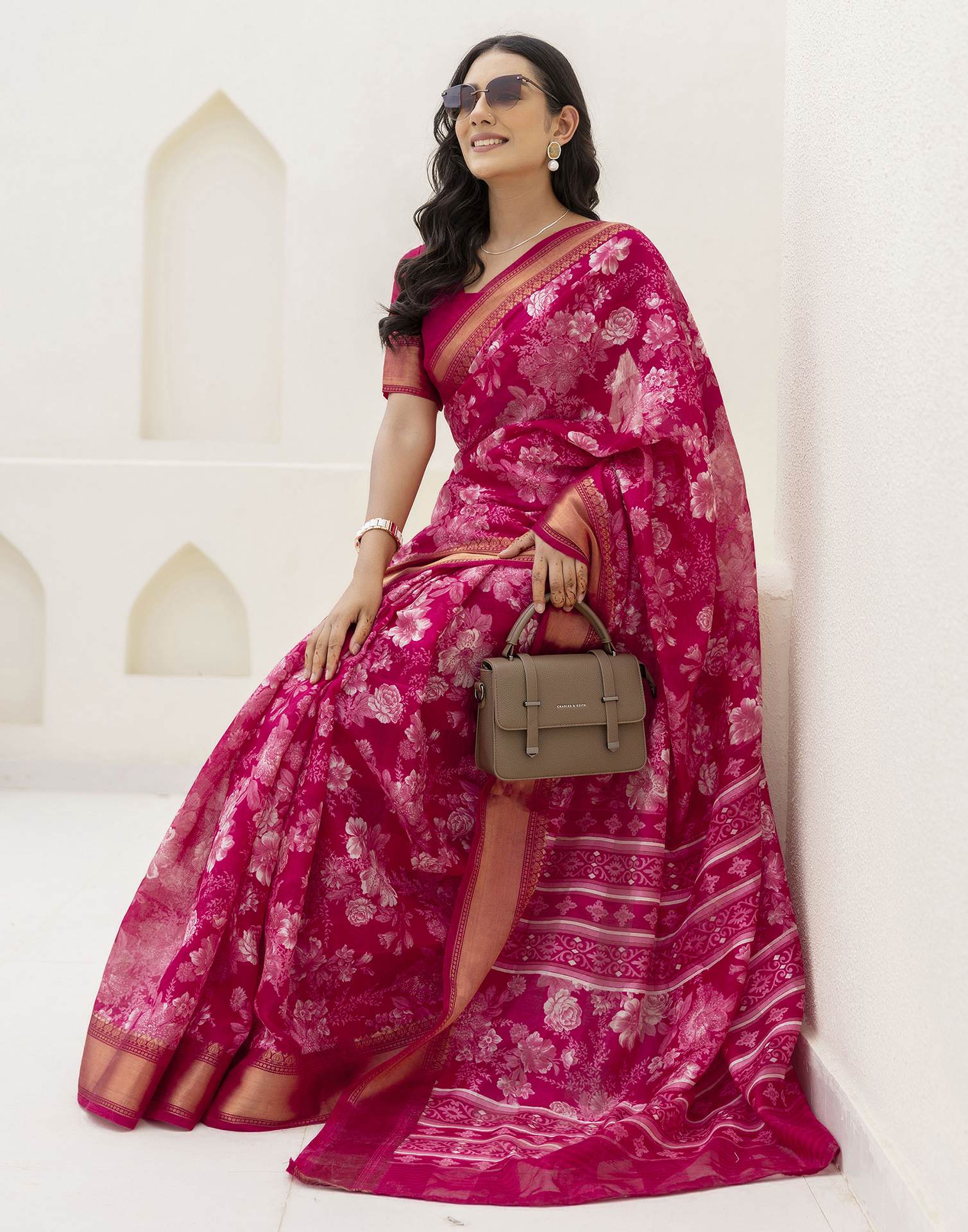 Rani Pink Cotton Blend Floral Printed Saree