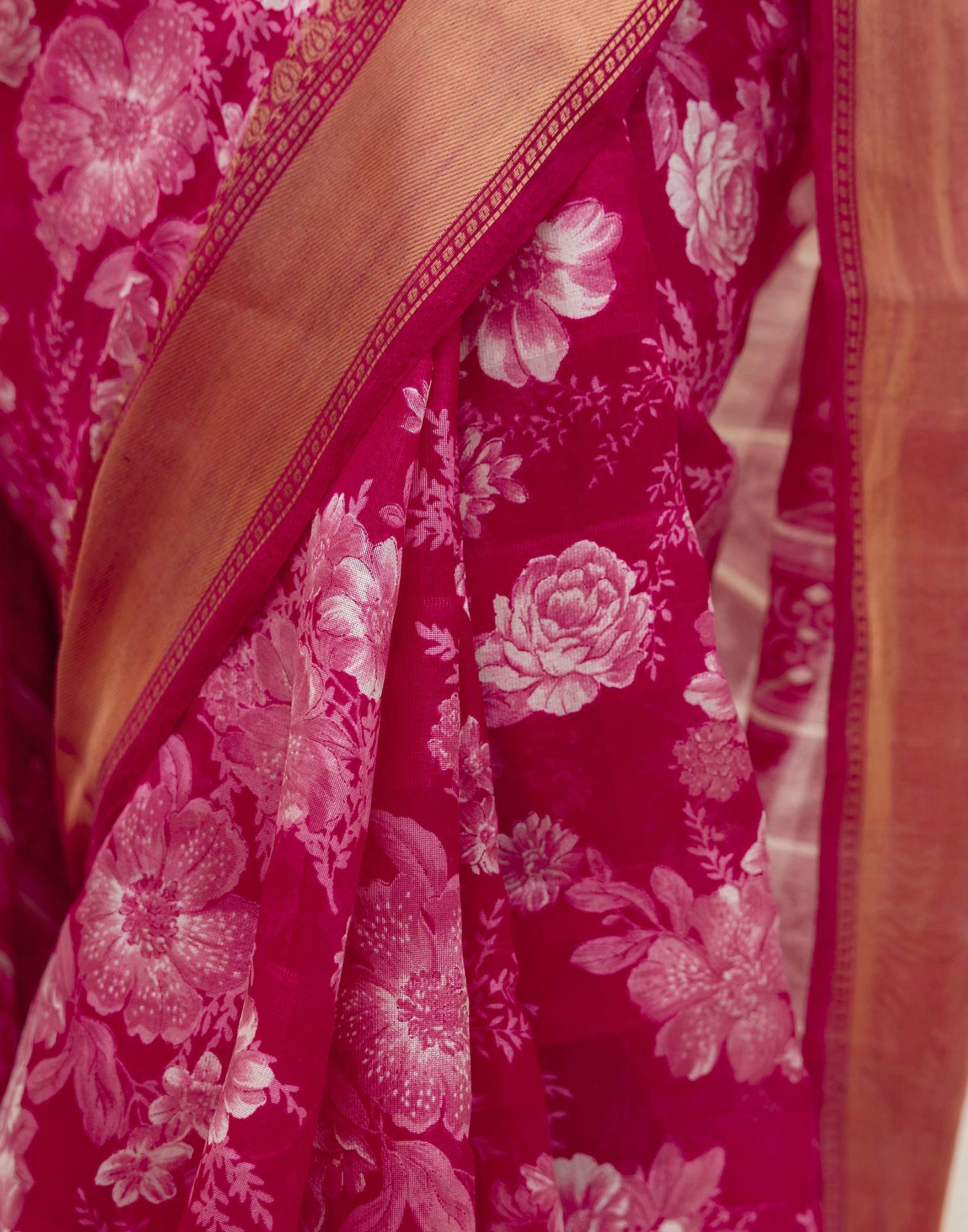 Rani Pink Cotton Blend Floral Printed Saree