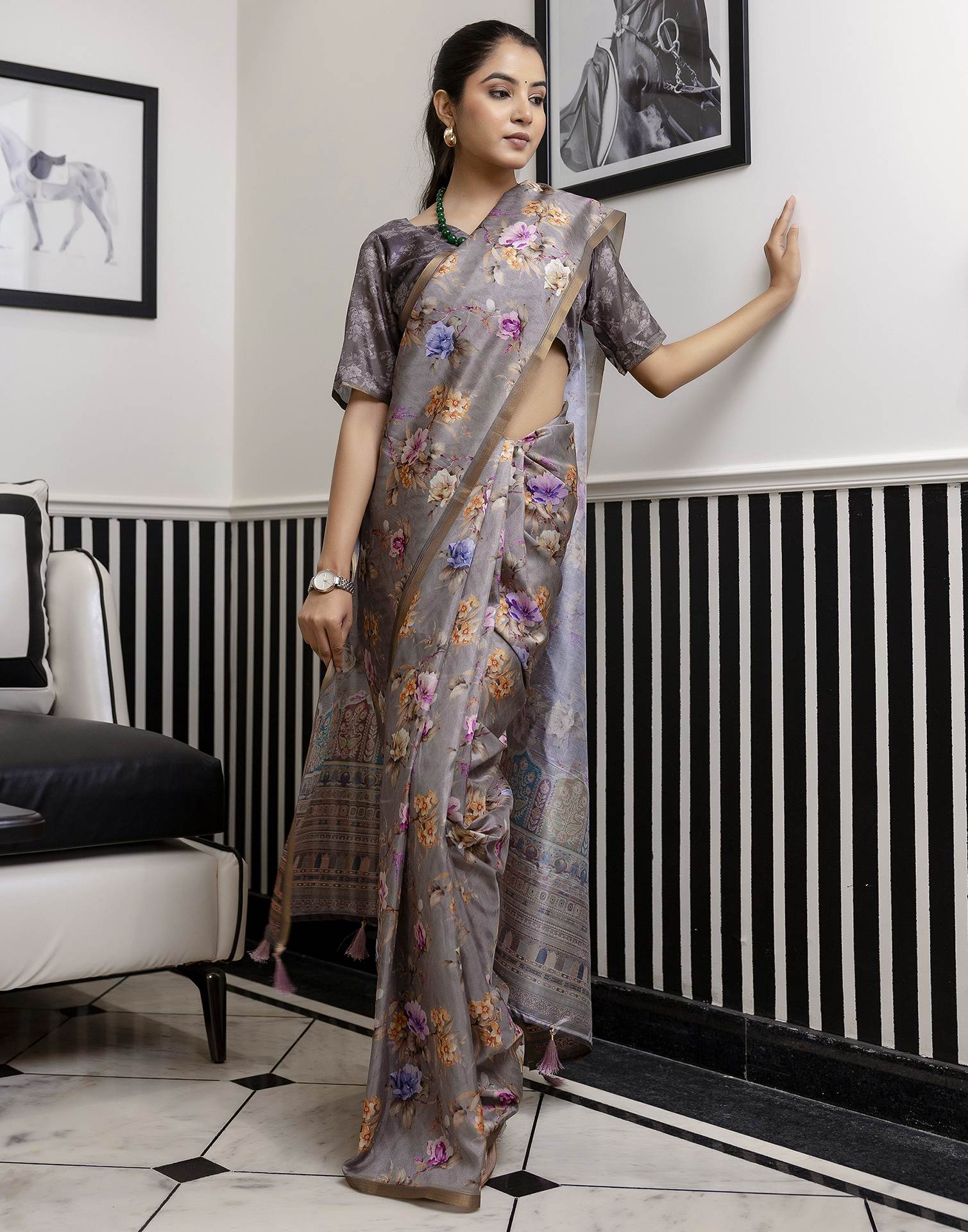 Grey Dola Silk Floral Printed Saree