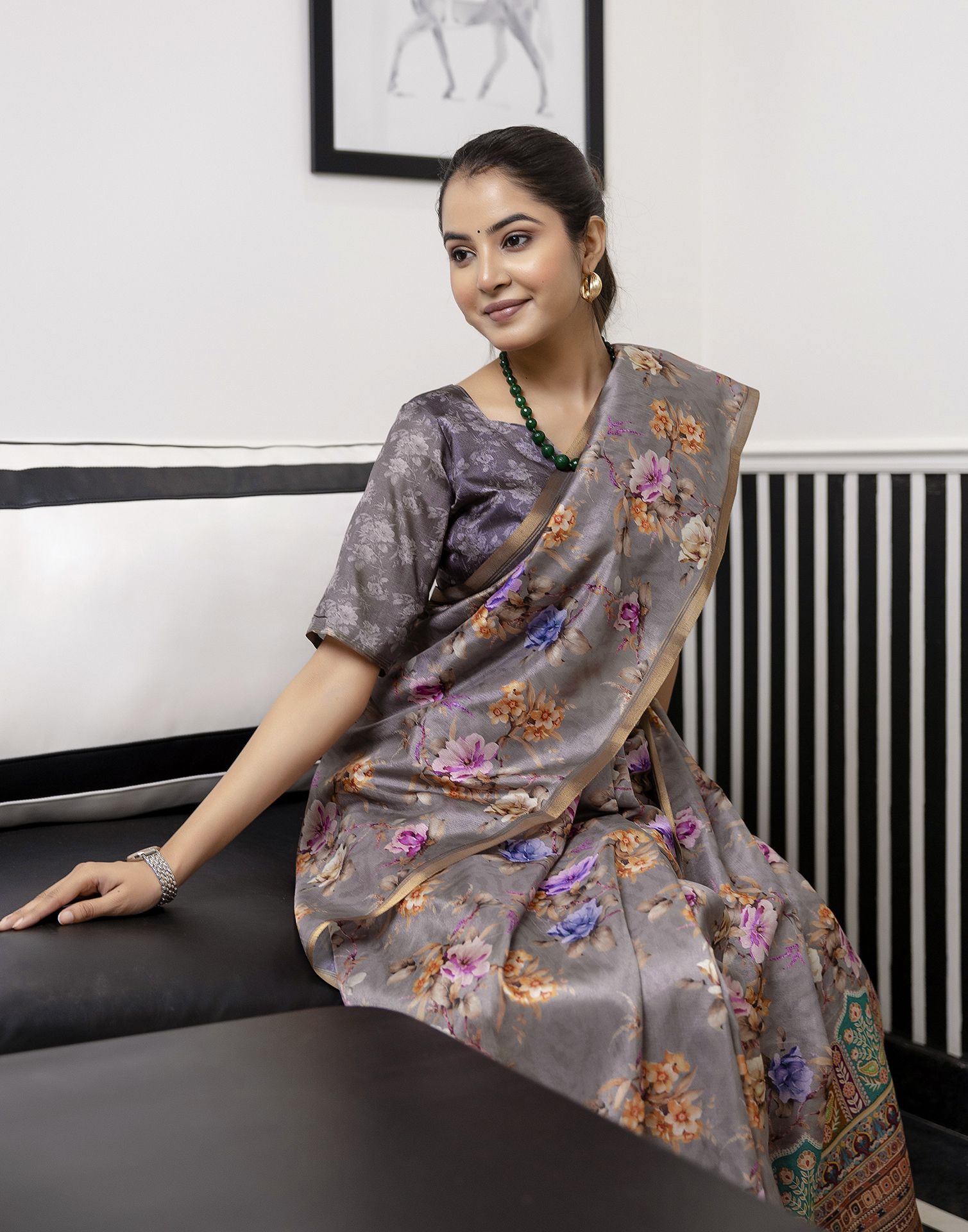 Grey Dola Silk Floral Printed Saree