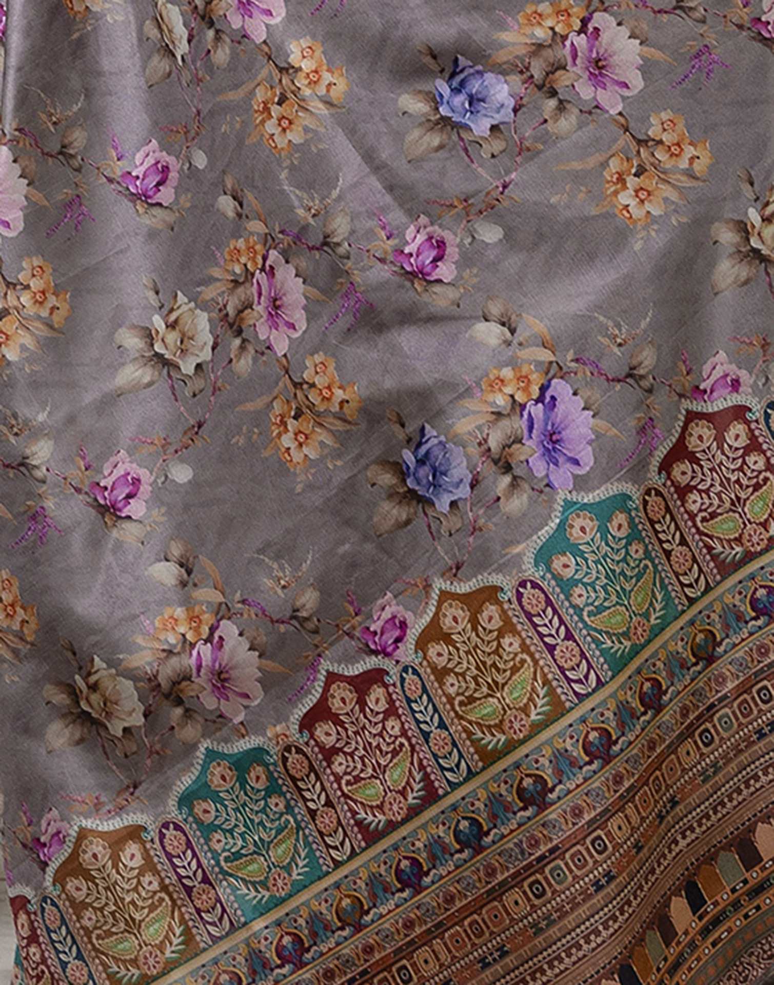 Grey Dola Silk Floral Printed Saree
