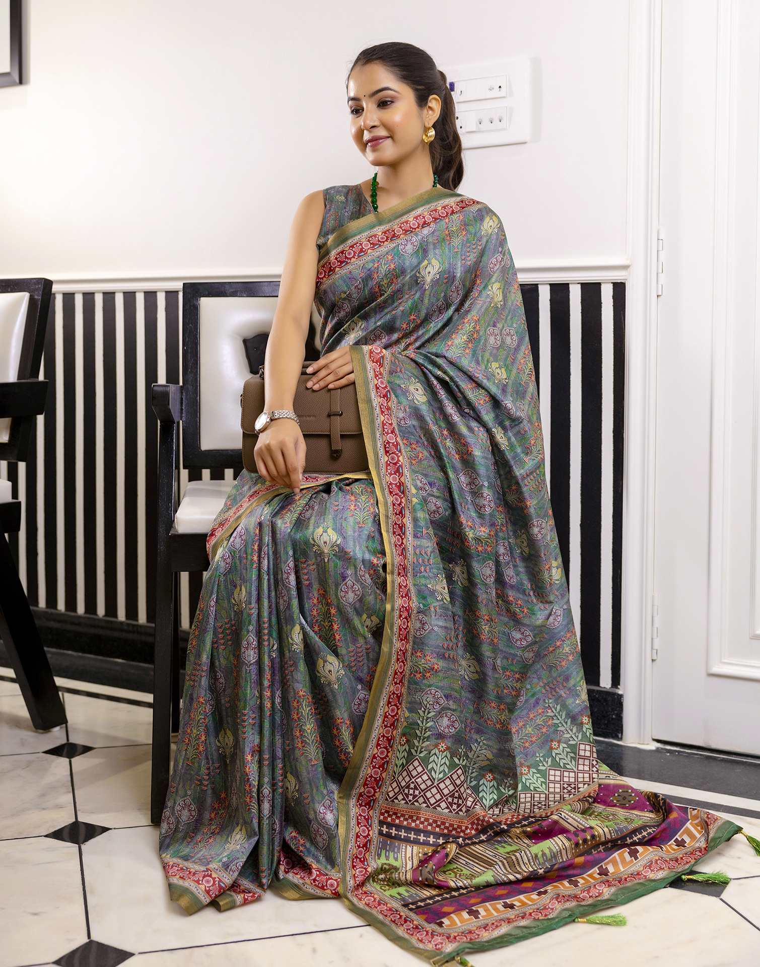 Green Dola Silk Floral Printed Saree