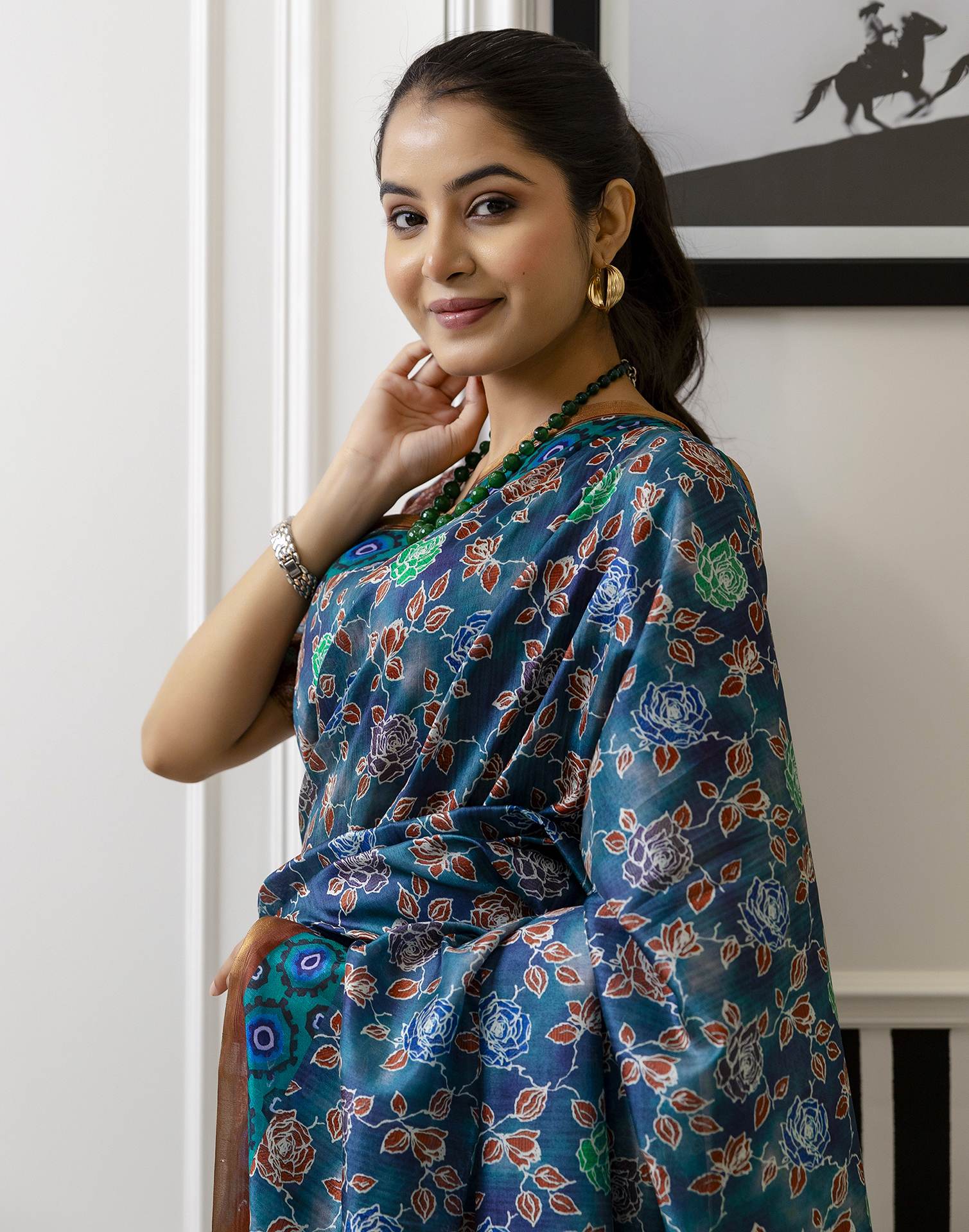 Rama Blue Dola Silk Floral Printed Saree