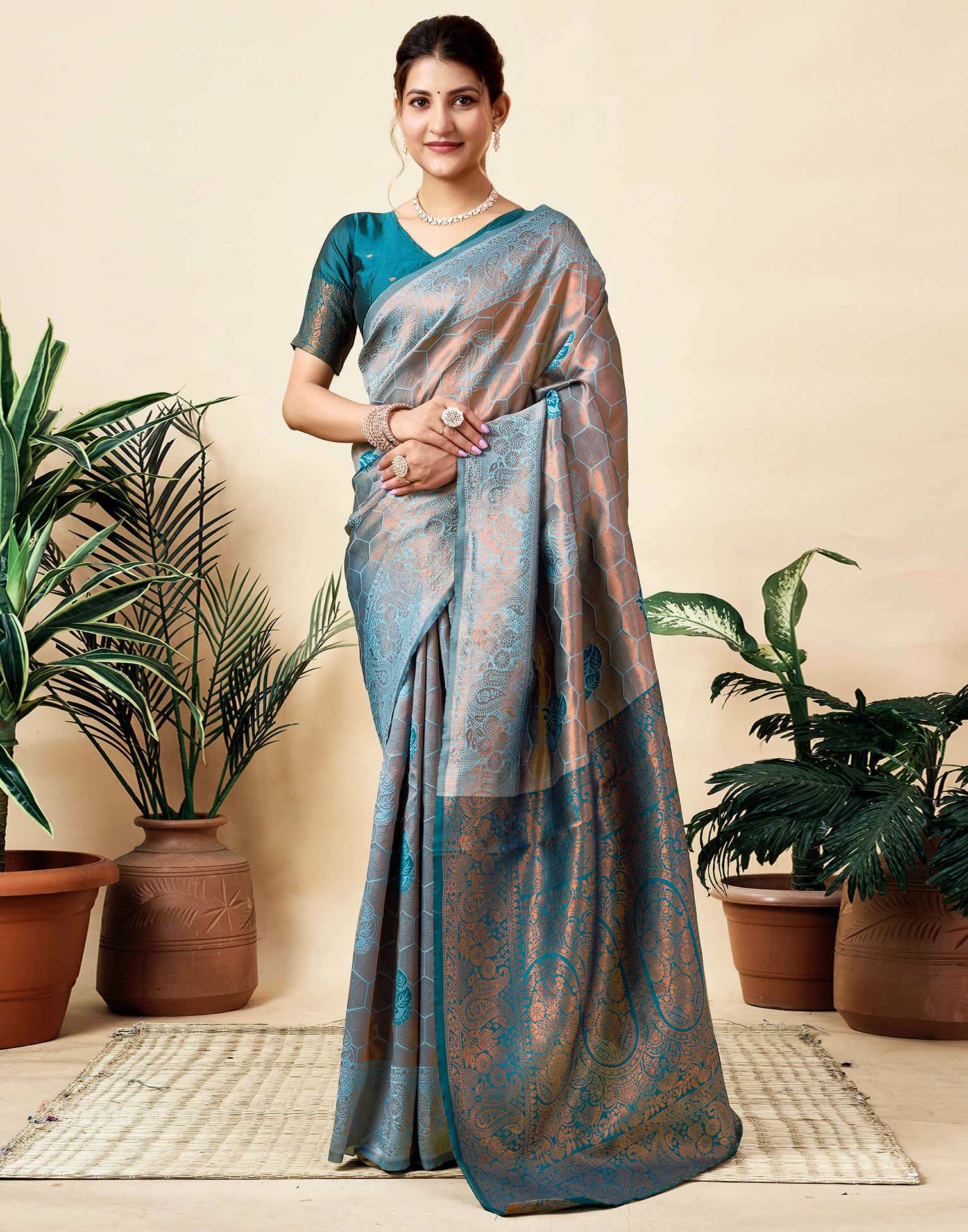 Dusty Blue Silk Woven Saree