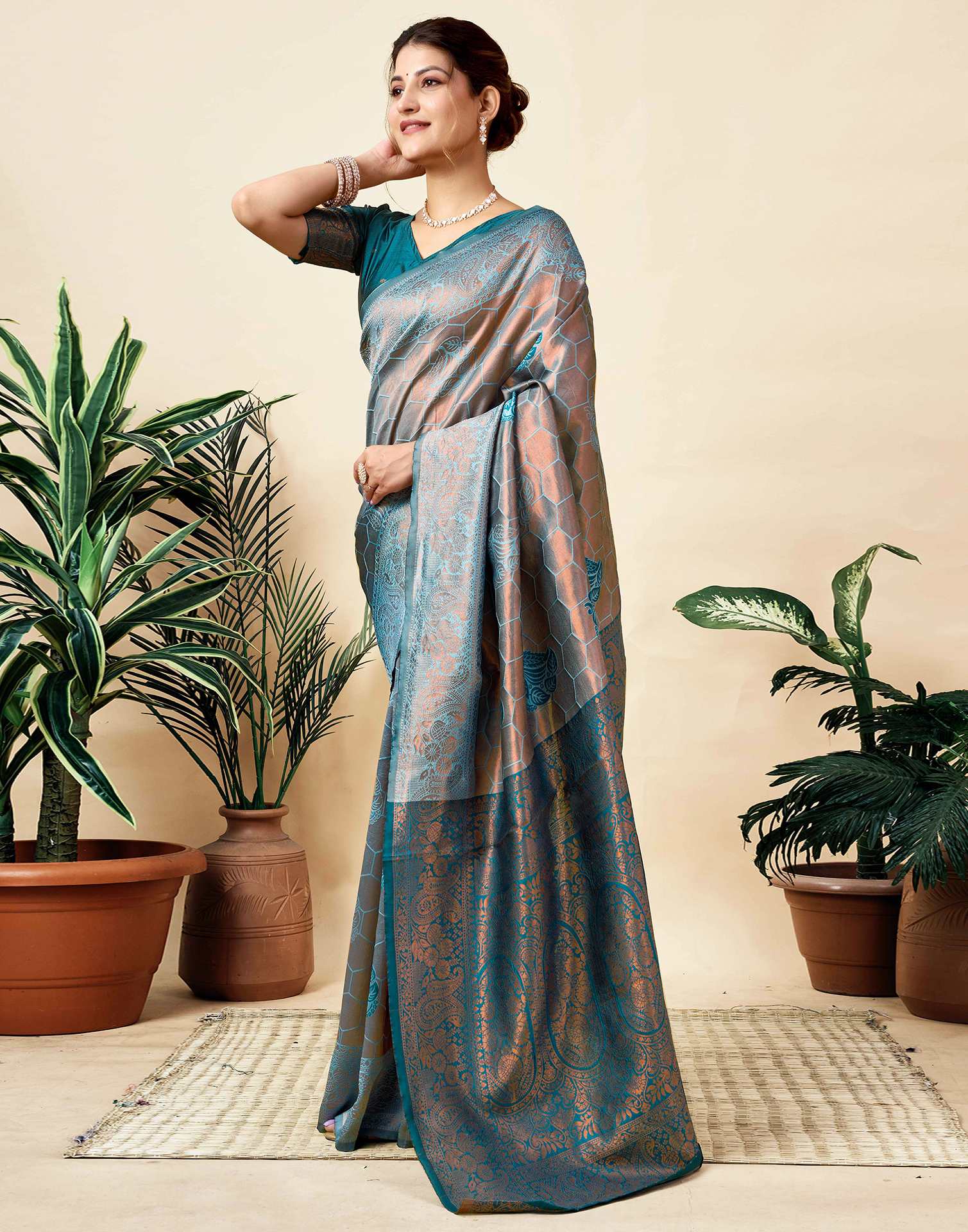 Dusty Blue Silk Woven Saree