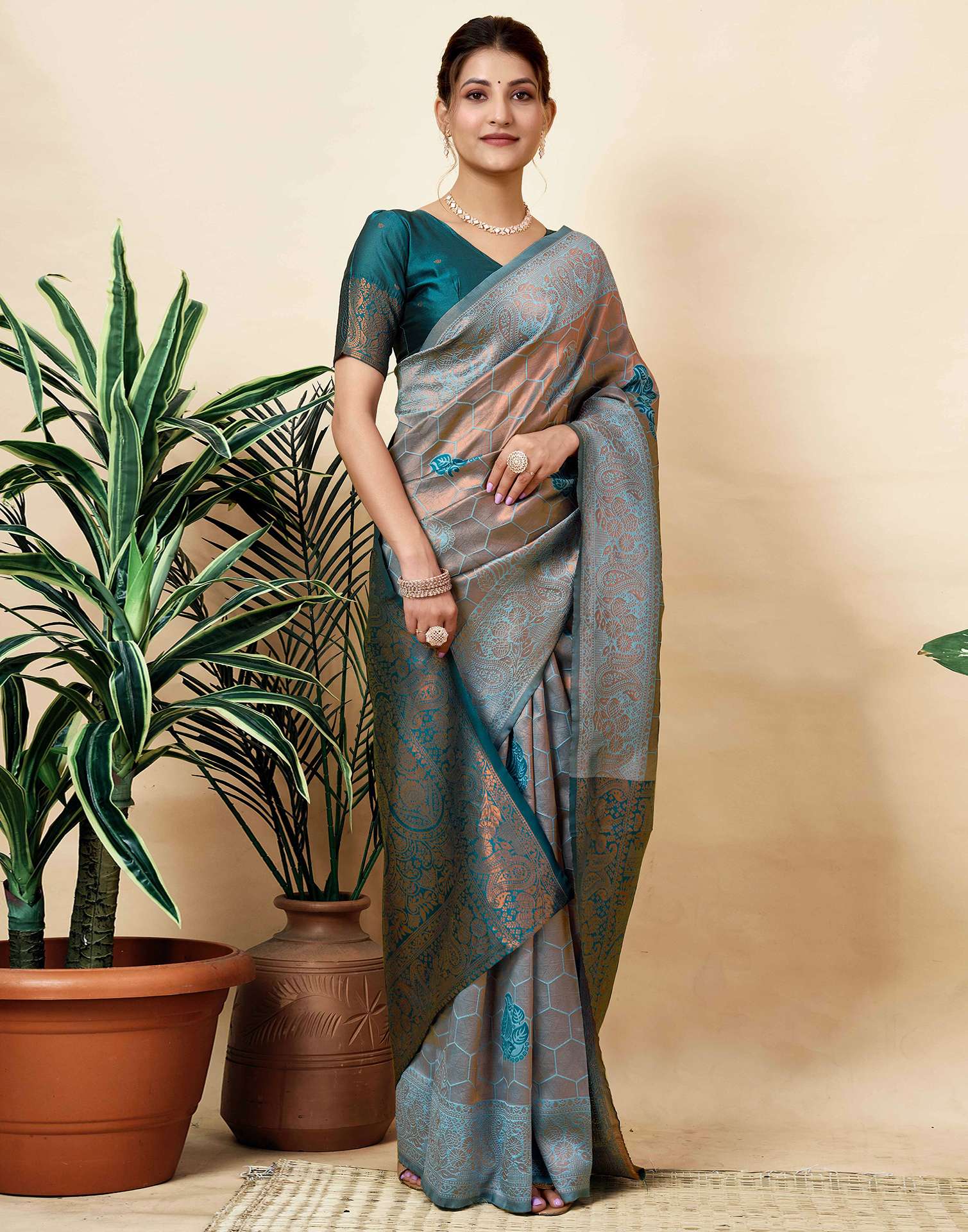 Dusty Blue Silk Woven Saree