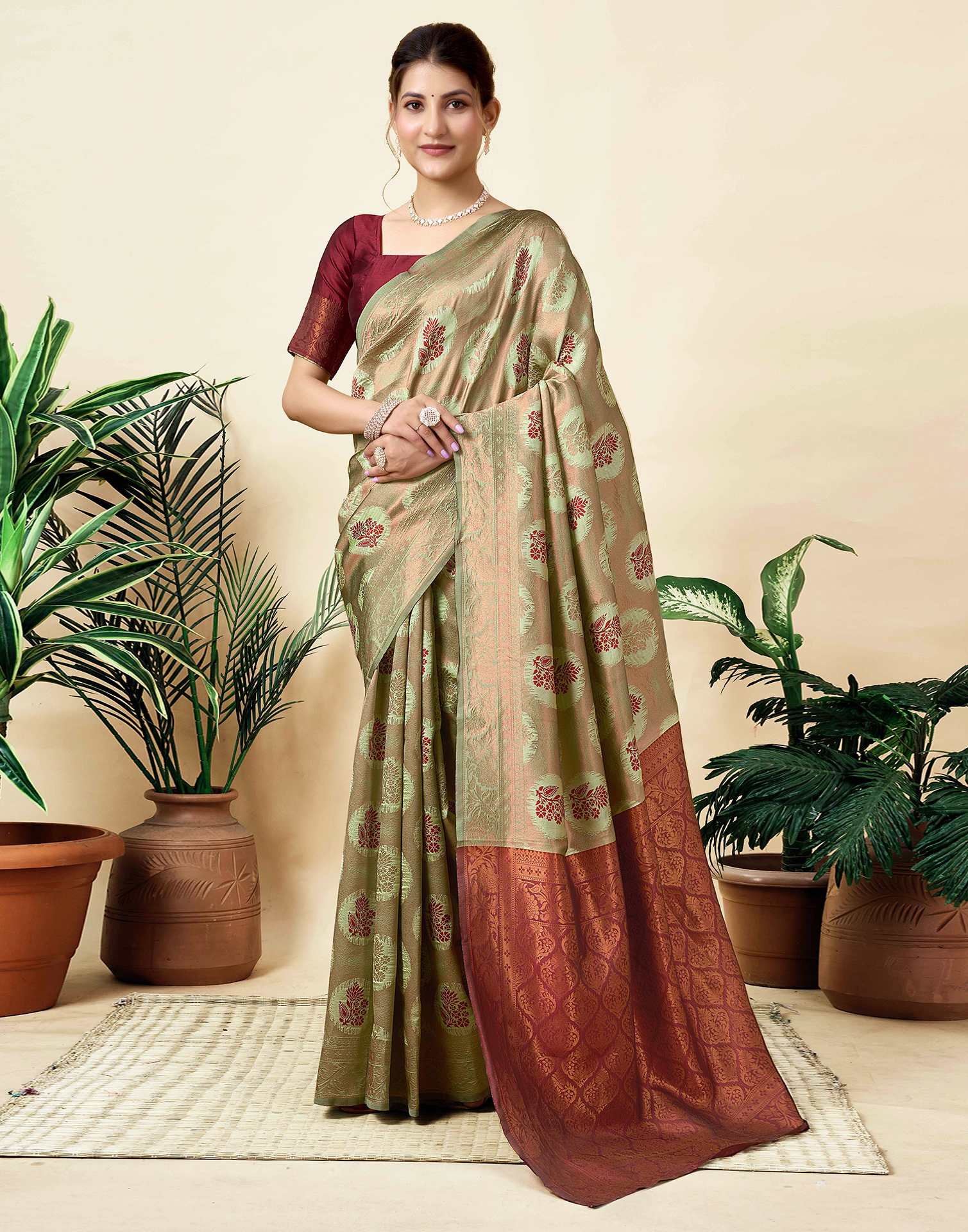 Pista Green Silk Woven Saree