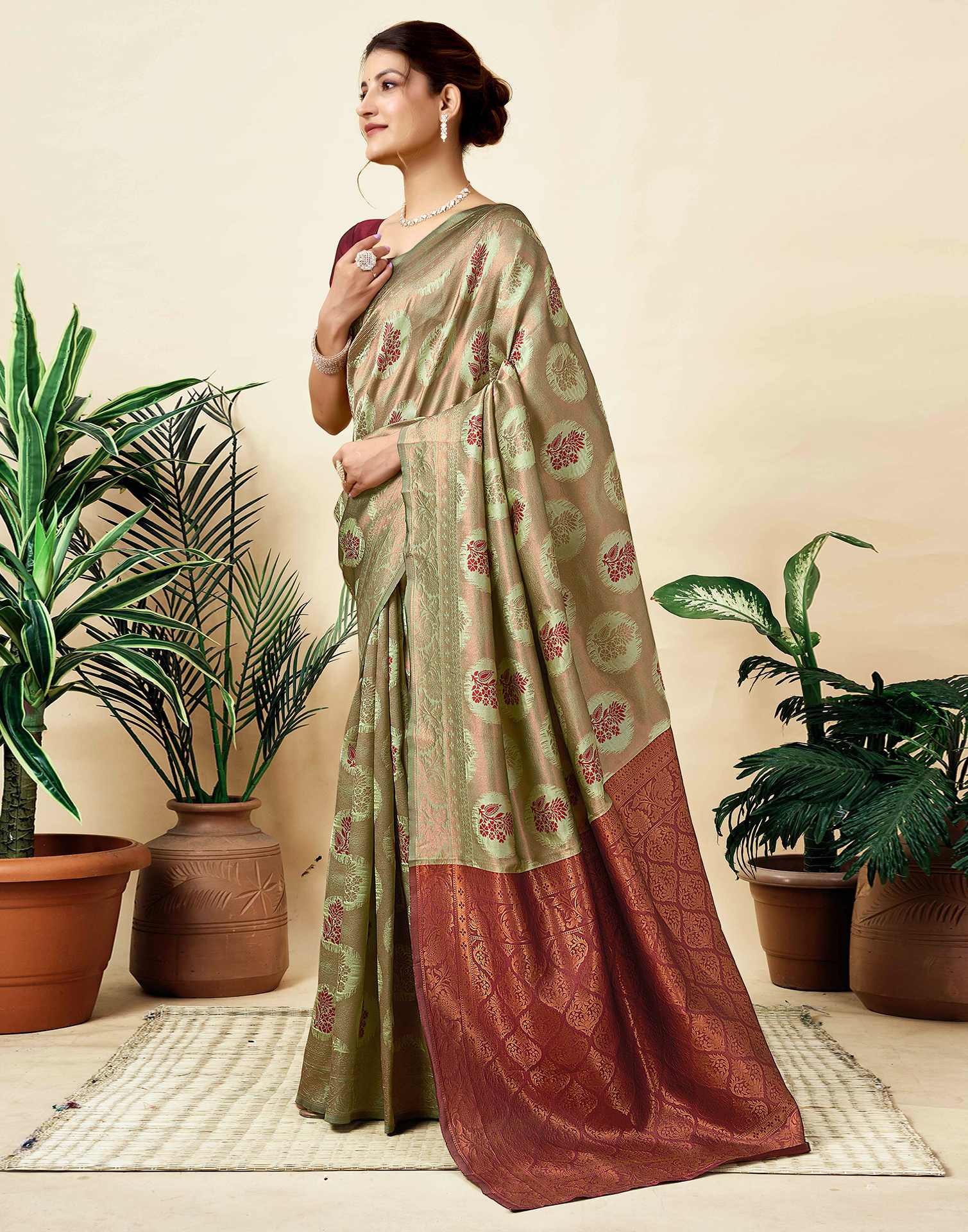 Pista Green Silk Woven Saree
