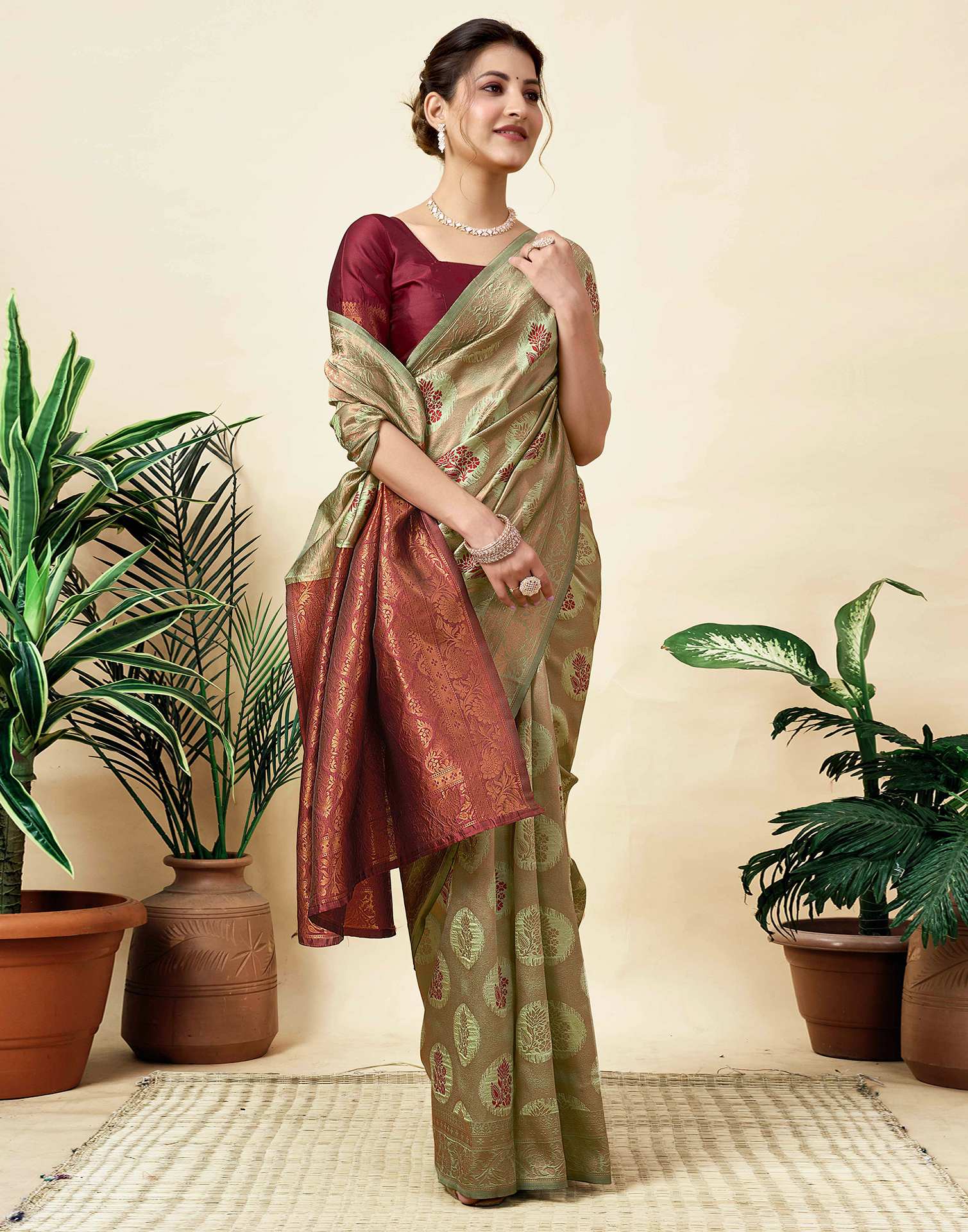 Pista Green Silk Woven Saree