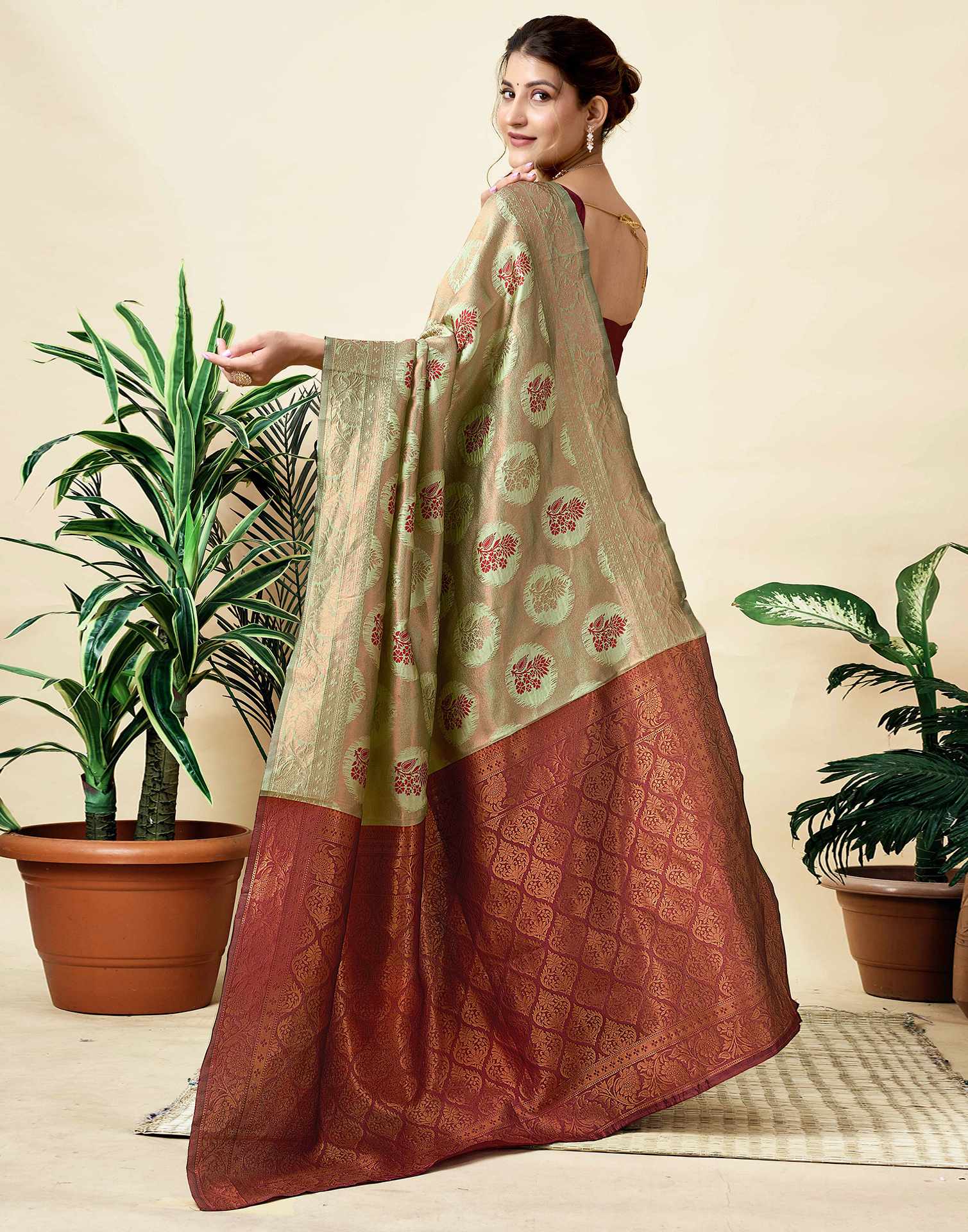 Pista Green Silk Woven Saree
