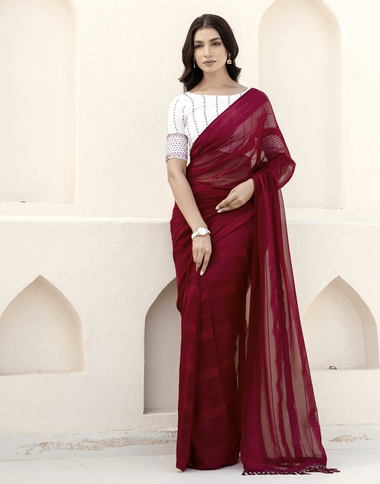 Maroon Georgette Woven Stripe Plain Saree