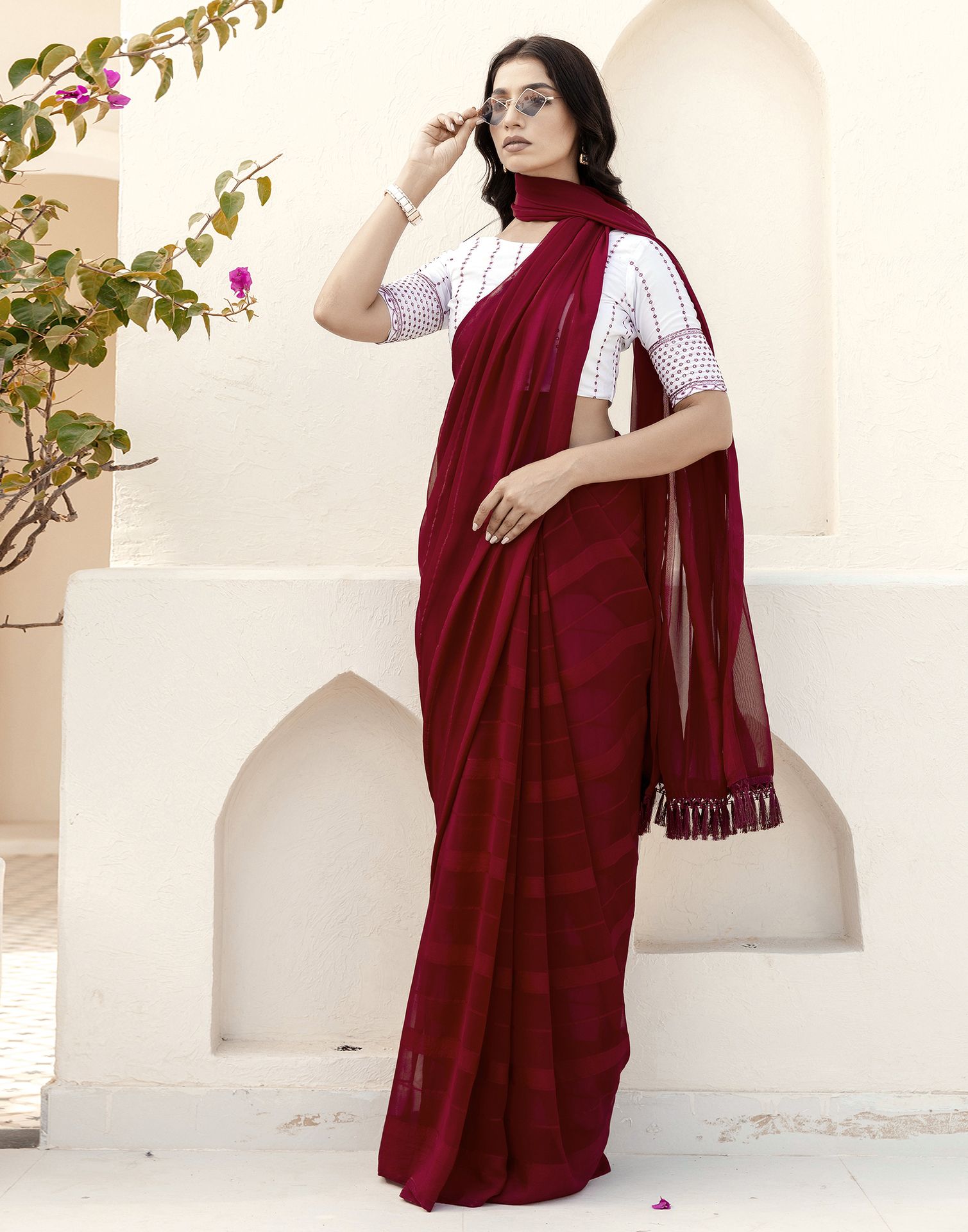 Maroon Georgette Woven Stripe Plain Saree