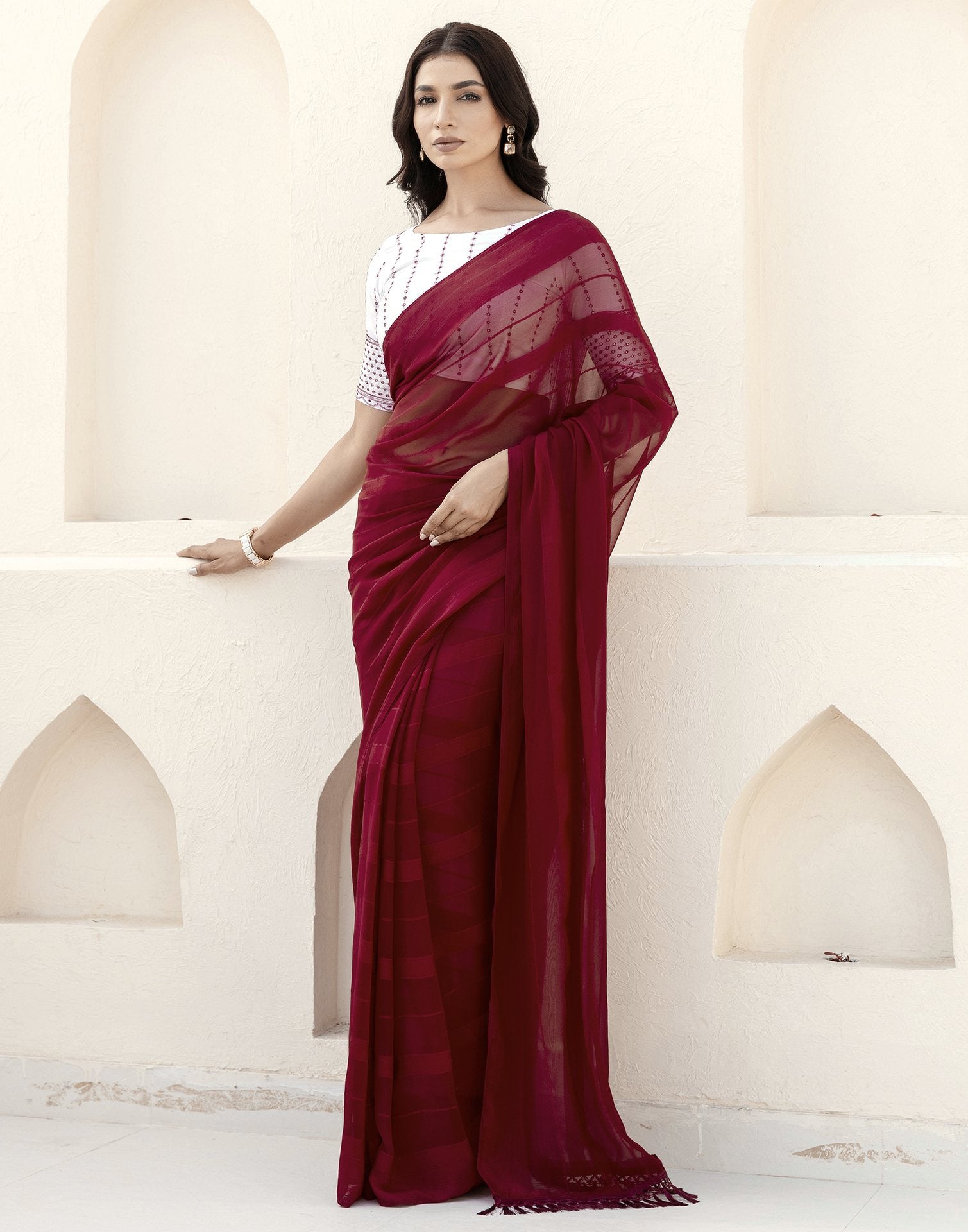Maroon Georgette Woven Stripe Plain Saree