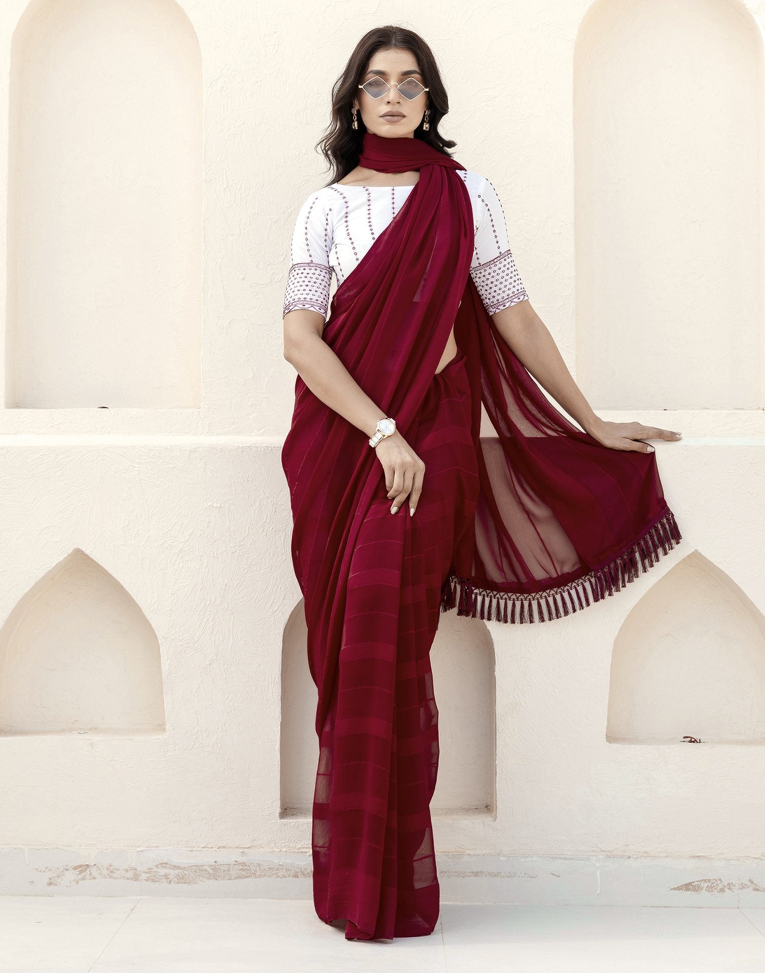 Maroon Georgette Woven Stripe Plain Saree