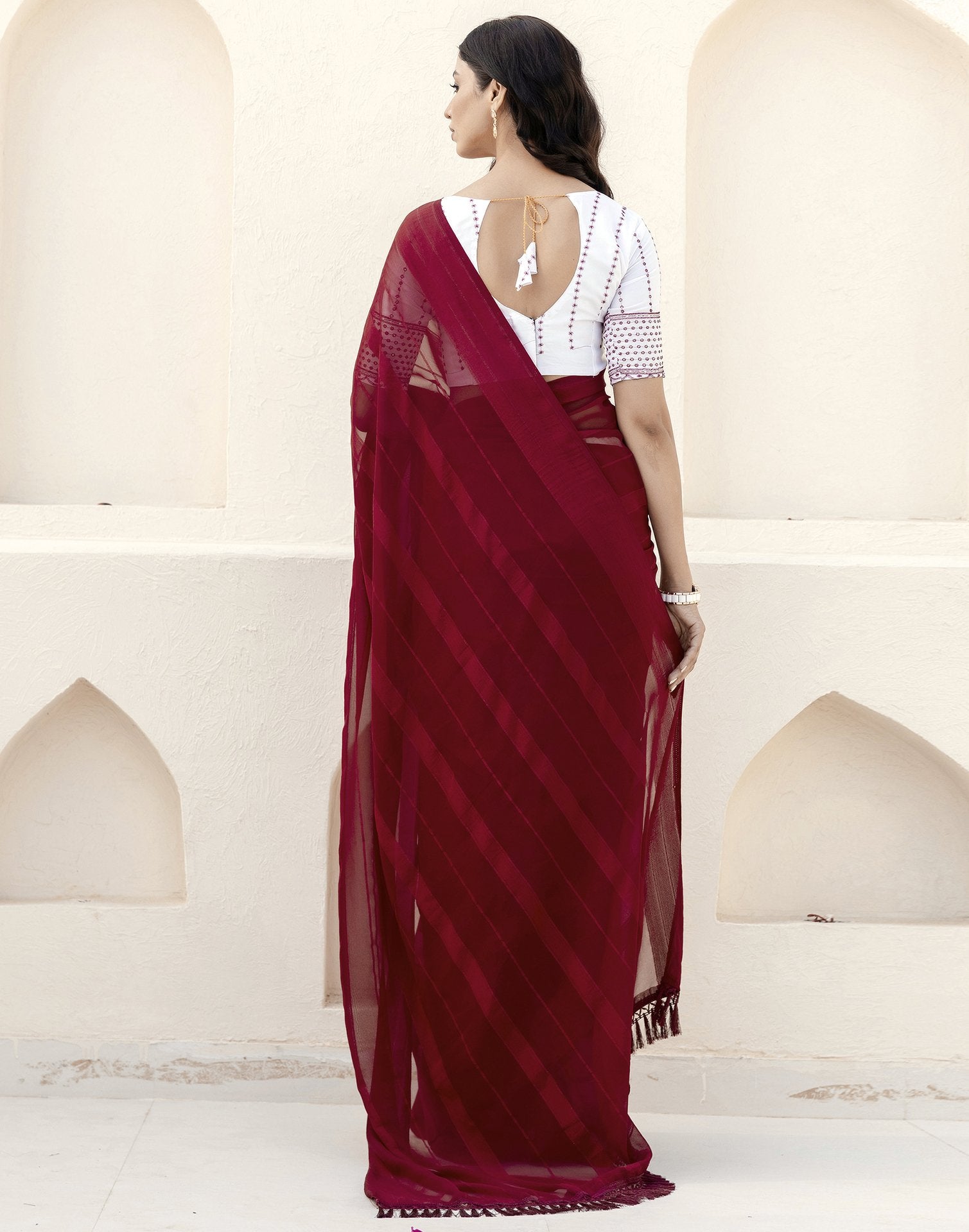 Maroon Georgette Woven Stripe Plain Saree