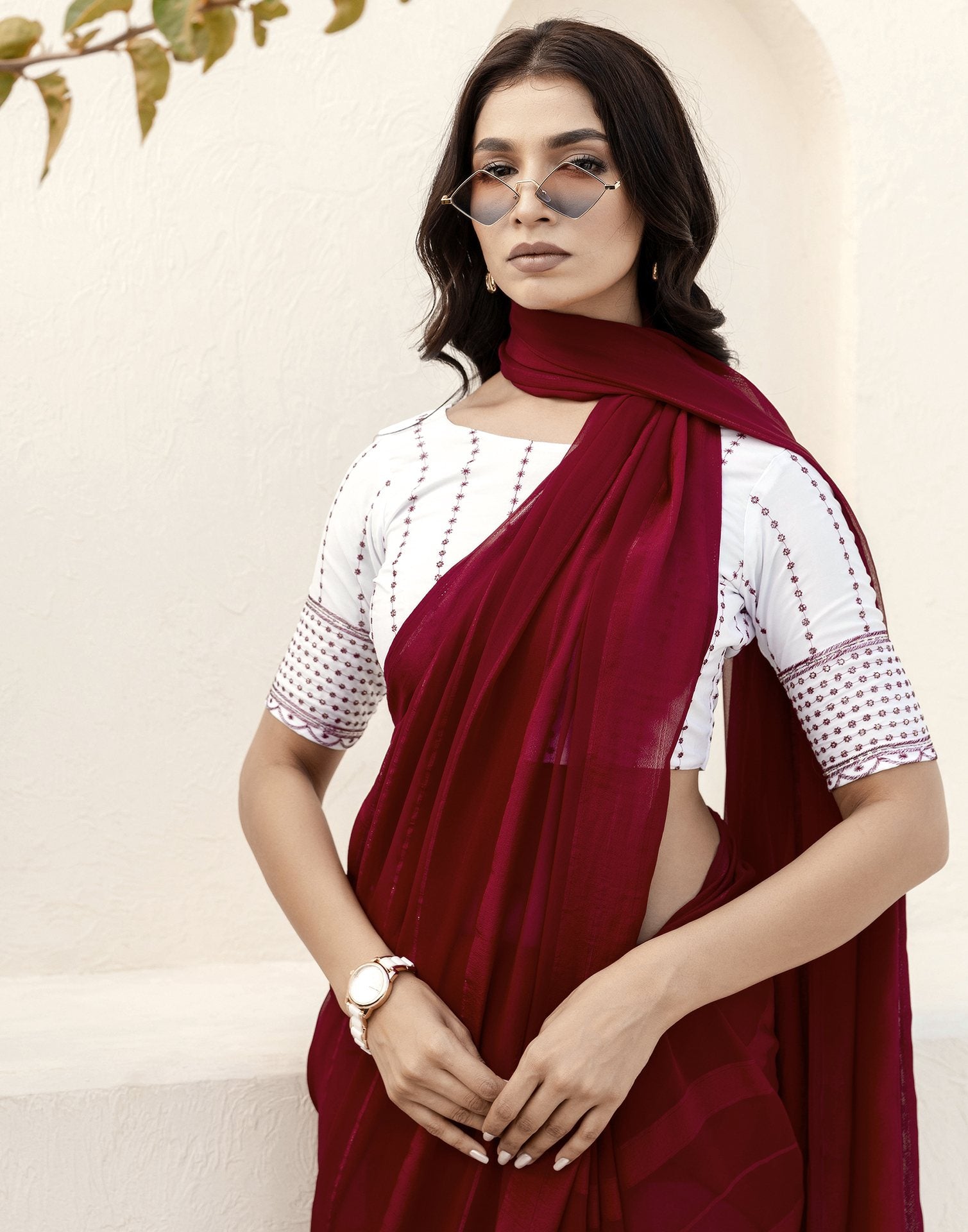 Maroon Georgette Woven Stripe Plain Saree