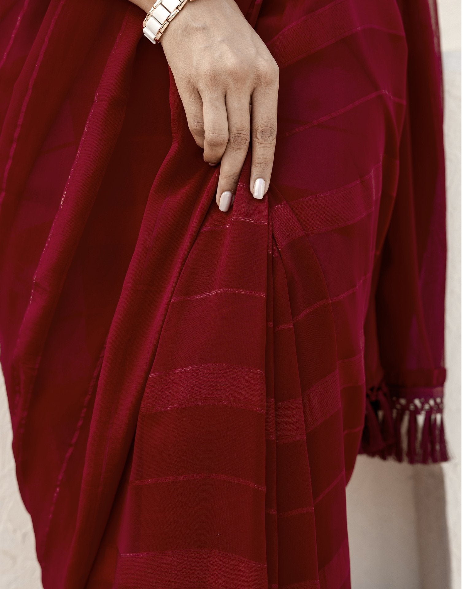 Maroon Georgette Woven Stripe Plain Saree
