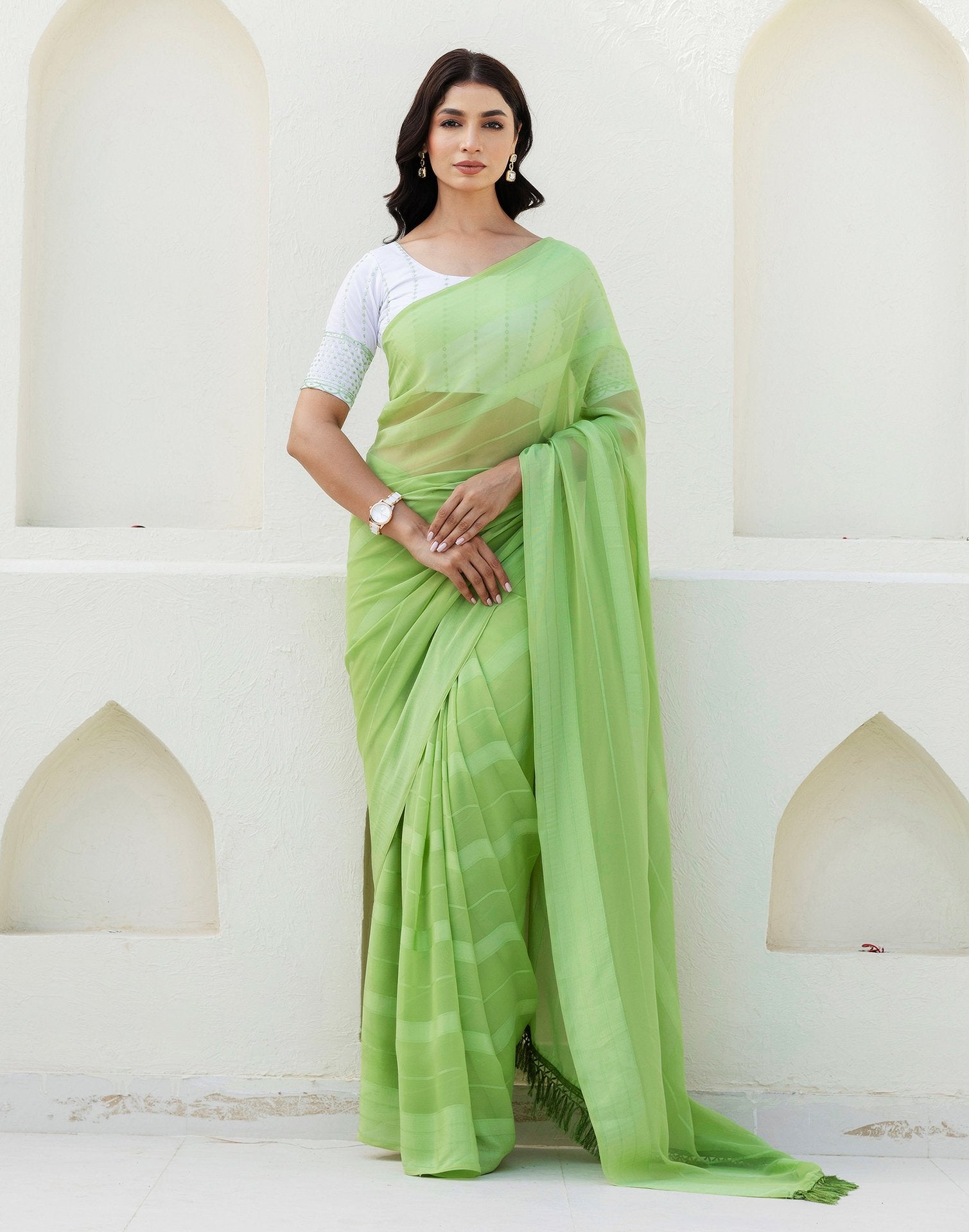 Light Green Georgette Woven Stripe Plain Saree