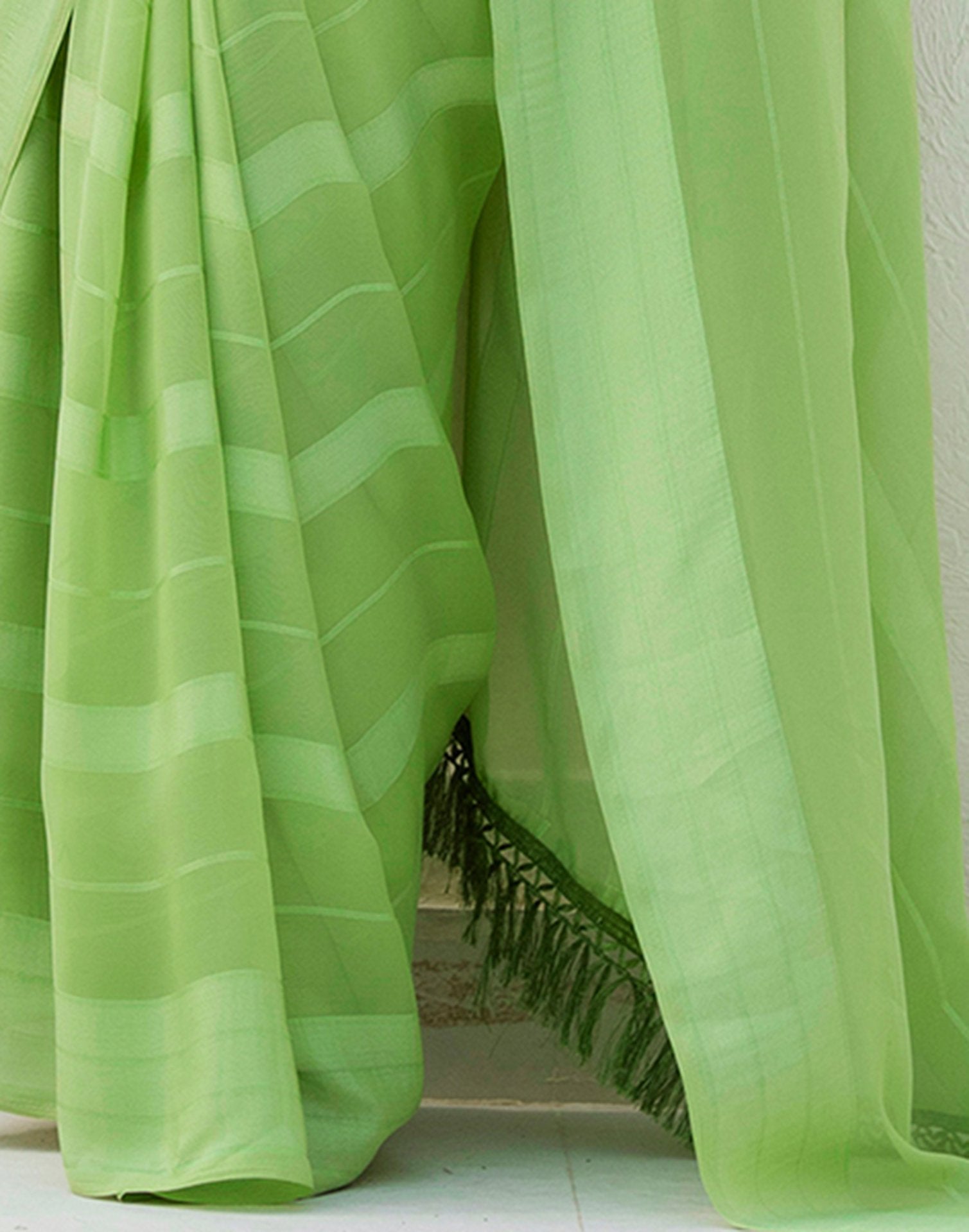 Light Green Georgette Woven Stripe Plain Saree