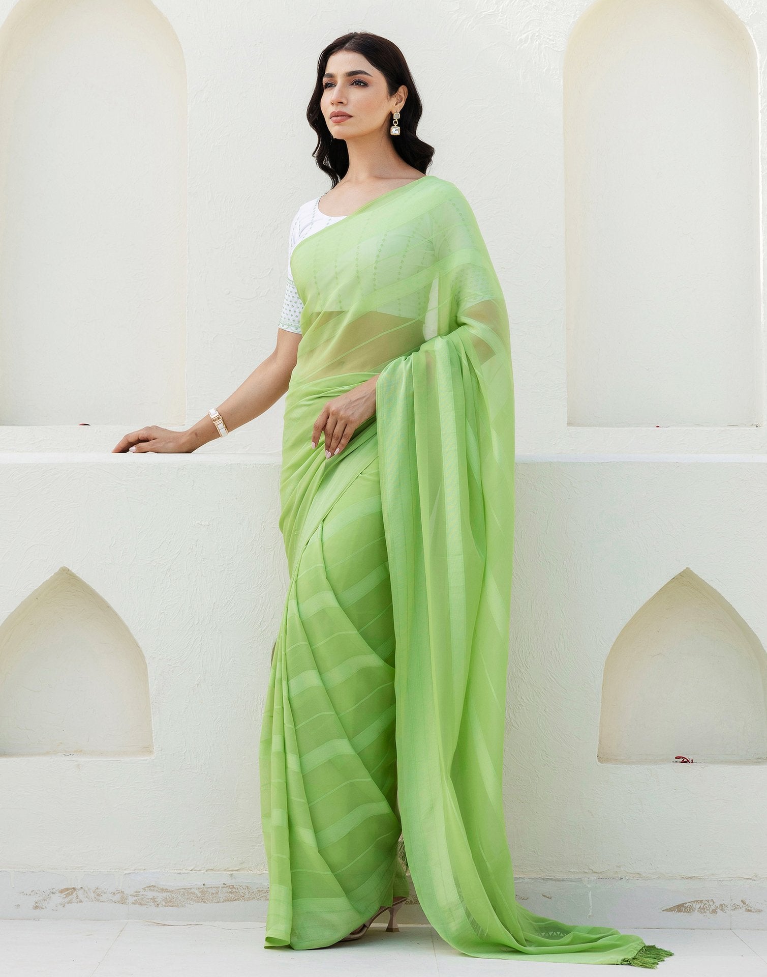 Light Green Georgette Woven Stripe Plain Saree